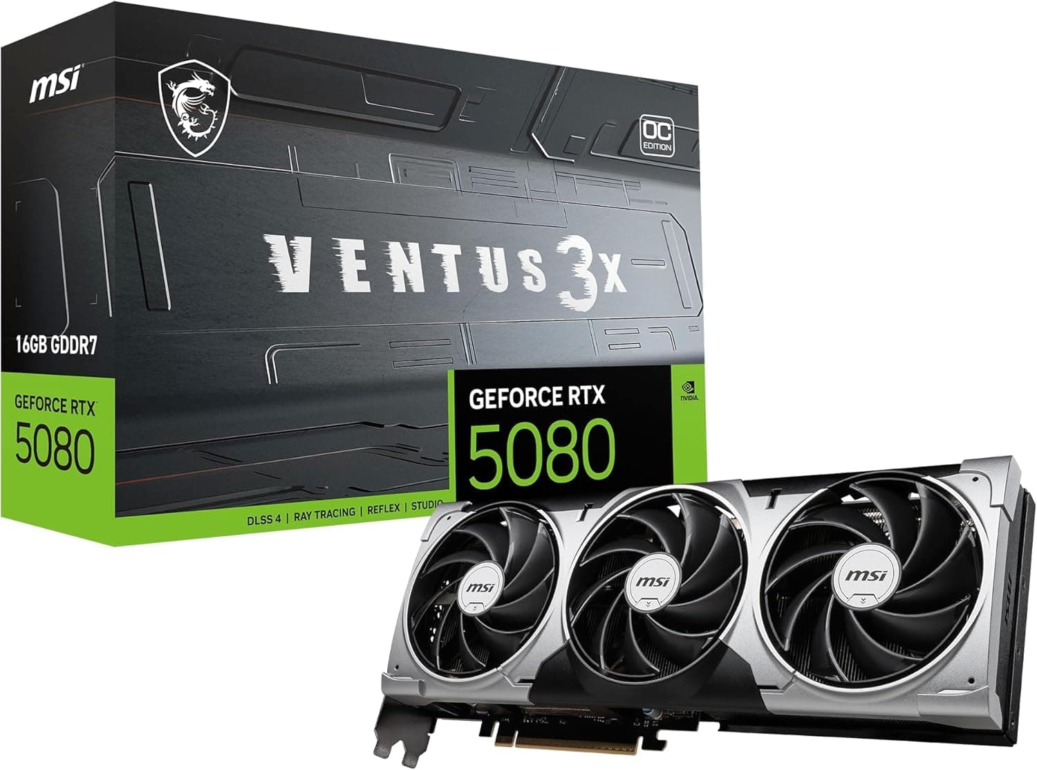 MSI GeForce RTX 5080 16G Ventus 3X OC — 16GB GDDR7 (30Gbps/256-bit), PCIe 5, Boost: 2640 MHz, HDMI 2.1b, DisplayPort 2.1b