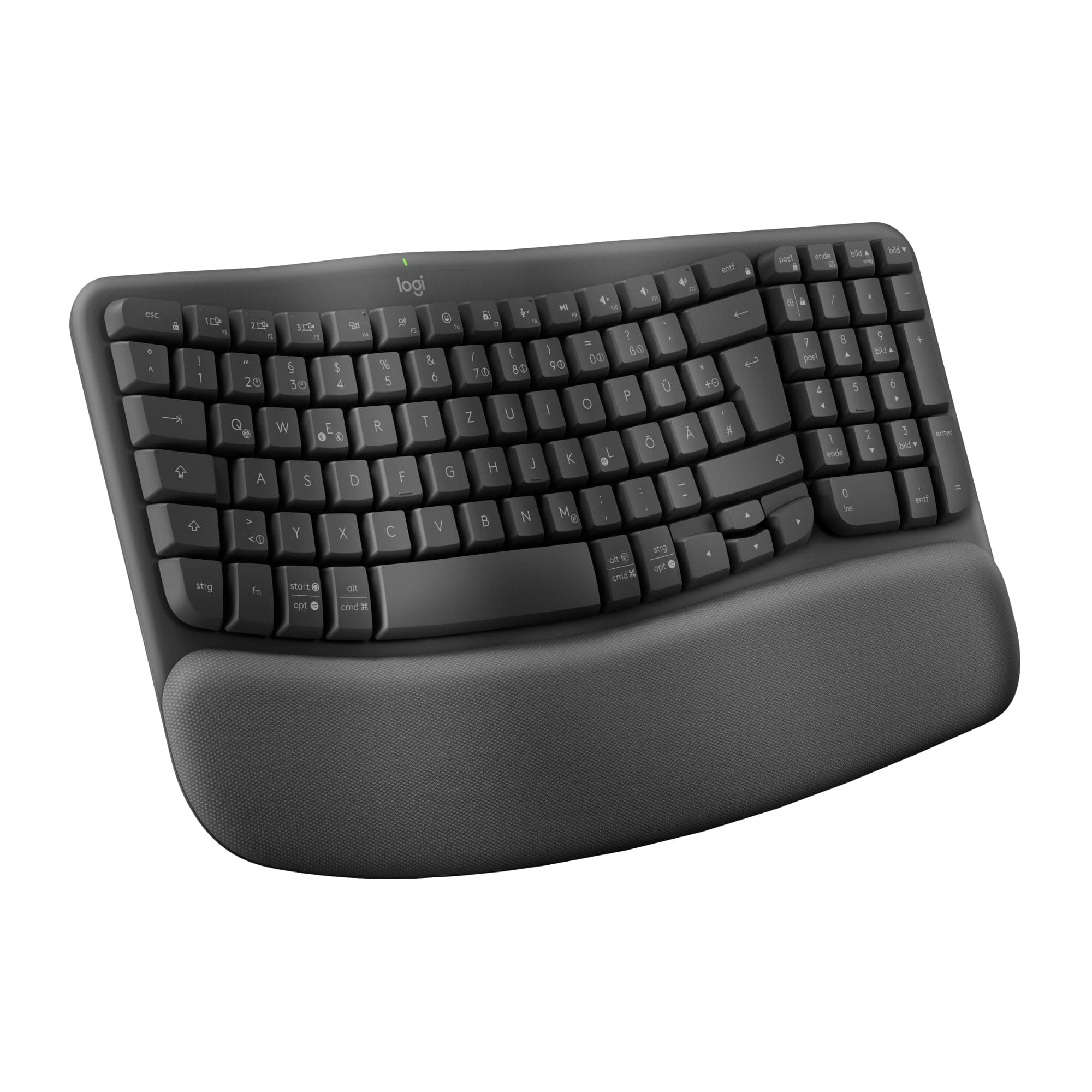 Logitech Wave Keys kabellose ergonomische Tastatur, gepolsterte Handballenauflage, Komfortables natürliches Tippen, Easy-Switch, Bluetooth, Logi Bolt, Multi-OS, Windows/Mac, Deutsches QWERTZ, Graphit