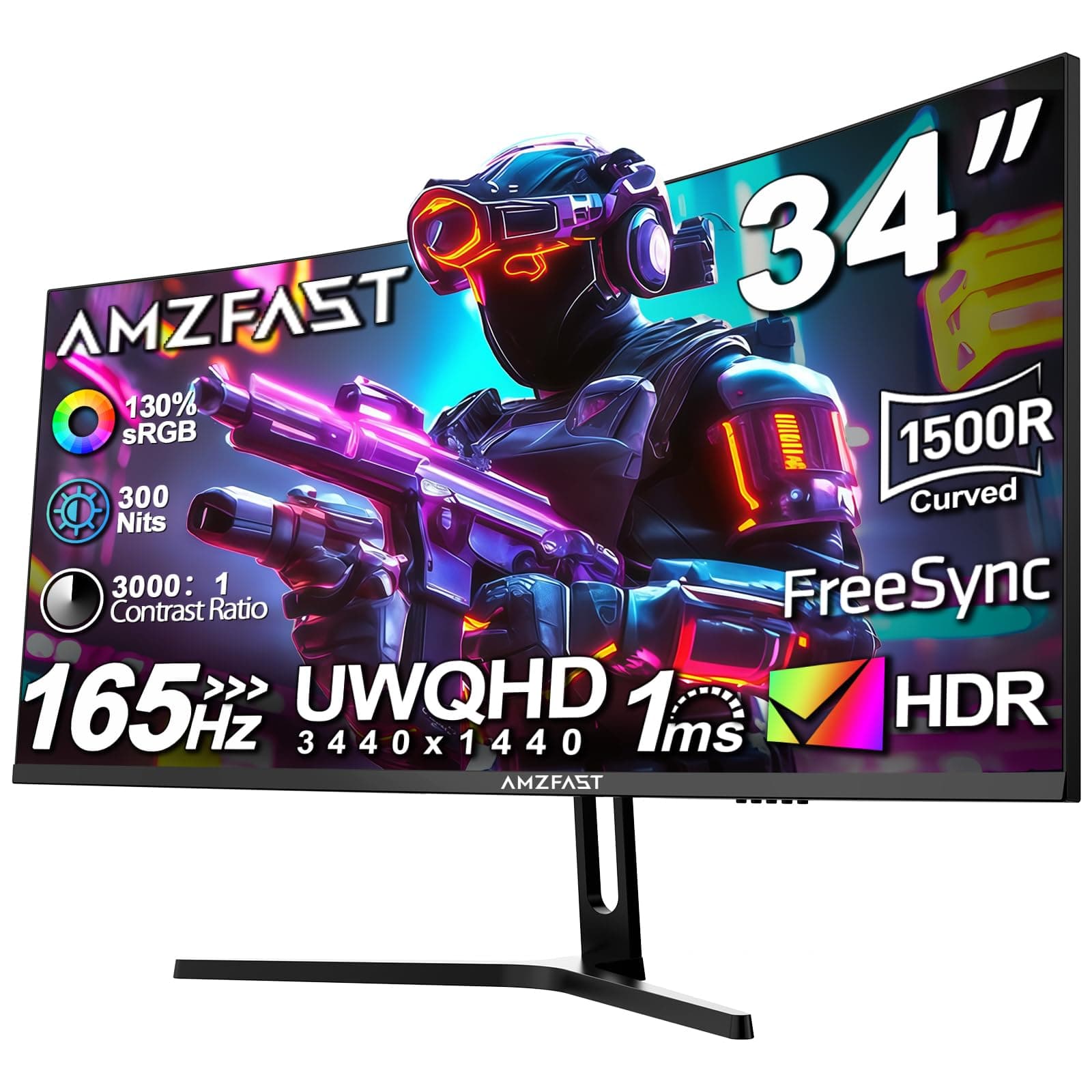 Amzfast 34 Zoll Curved Gaming Monitor - 165Hz(DP), 21:9 UltraWide QHD(3440x1440), 1 ms GtG, sRGB 130%, DCI-P3 95%, HDR, Adaptive Sync, Eyes-Care, VESA 75x75, HDMI 2.0*2/DP 1.4*2, PIP/PBP - AMZG34C5Q
