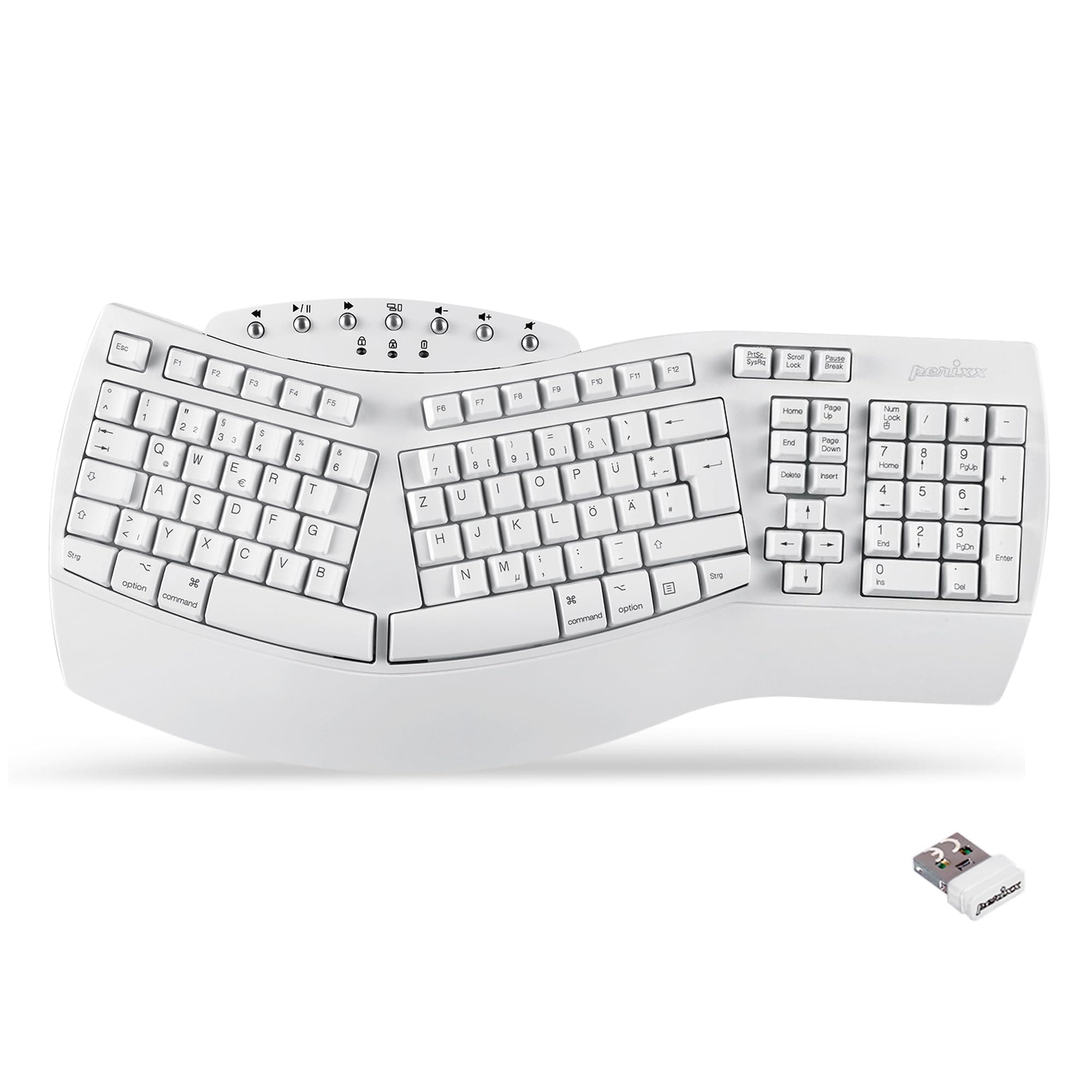 Perixx 11620 PERIBOARD-612 Ergonomische Kabellose Tastatur, Geteiltes Tastenfeld mit Dual Modus 2.4G oder Bluetooth, Kompatibel mit Windows 10 und Mac OS X, Weiß, QWERTZ Deutsches Layout