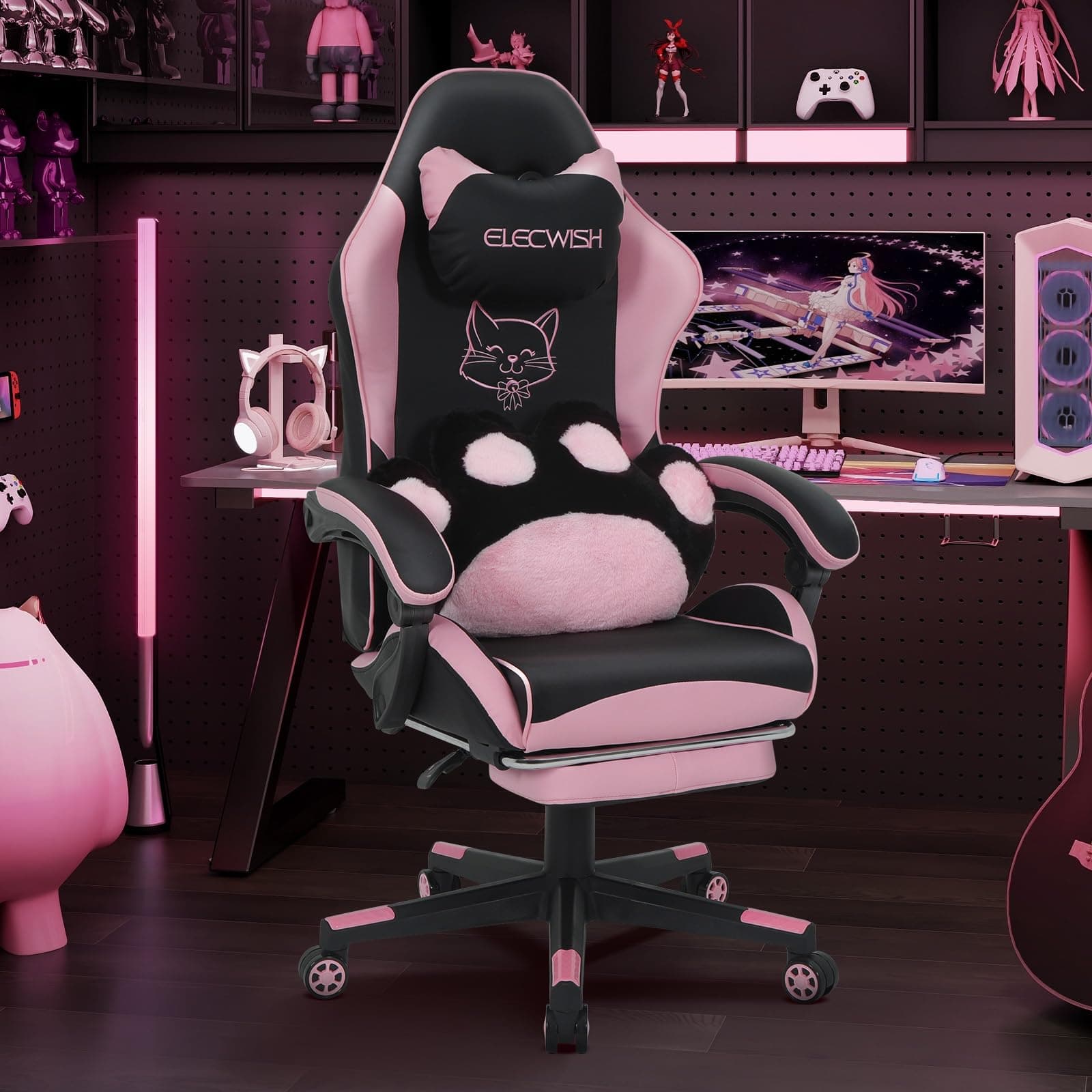 Fullwatt Gaming Stuhl Cute mit Katzenpfote Lendenkissen und Katzenohren, Ergonomisch Racing Stuhl, mit Fußstütze und Abnehmbare Kopfstütze, Höhenverstellbar PU Leder Rosa (Rosa)