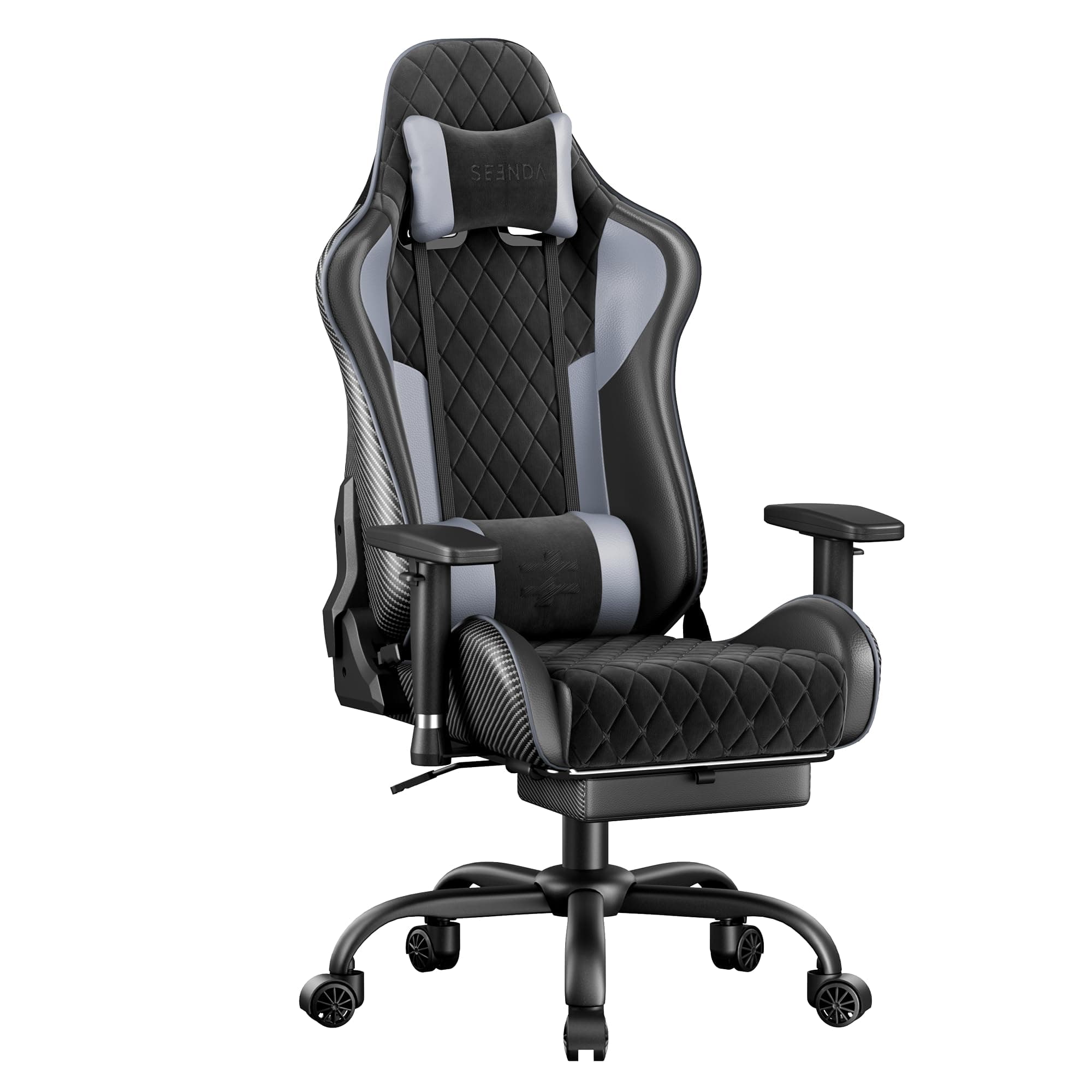 seenda GCPro-10 Gaming-Stuhl Bürostuhl | 145° Stufenlos Verstellbar mit Fußstütze | Full-Metal Rahmen 150 kg | 2D Armlehnen | Kopf-Lendenkissen | PC Gaming Stuhl Carbon Design (Schwarz + Grau)