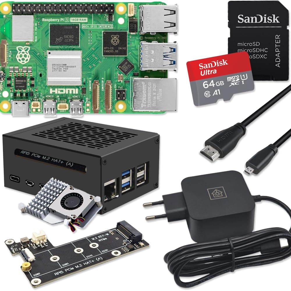Raspberry Pi 5 16GB PCIe M.2 NVMe - Kit | Metallgehäuse | Active Cooler | M.2 NVMe SSD PCIe Board | USB-C 45W Netzteil | Ultra 64GB SD Karte | 4K Micro HDMI Kabel (16GB RAM)
