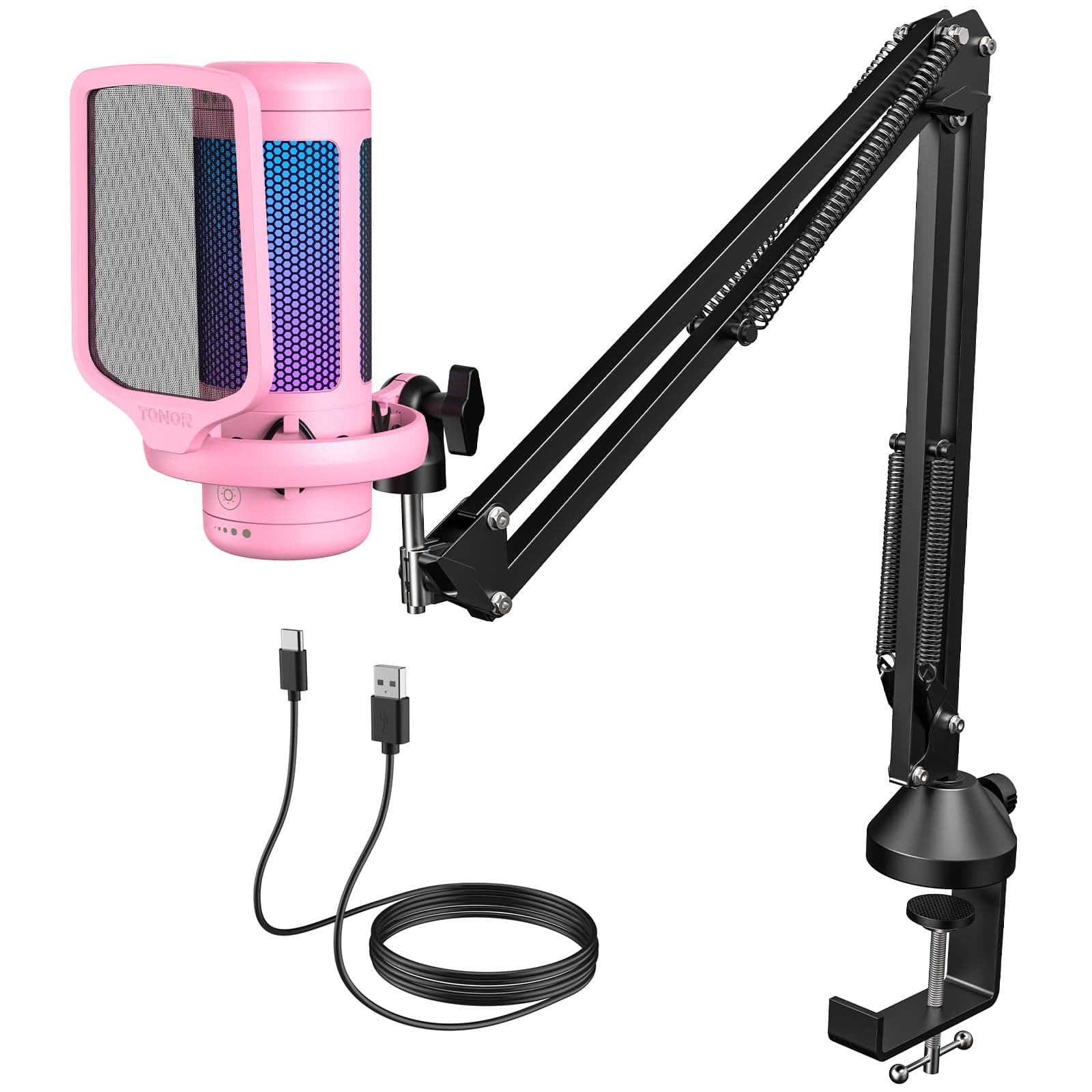 TONOR RGB Gaming Mikrofon PC Set Heilligkeit Verstellbar, USB Microphone mit Mikrofonarm für Computer PS4/5, Kondensatormikro mit Mikrofonständer, Mic für Streaming Studio Aufnahme, TC310+ Rosa