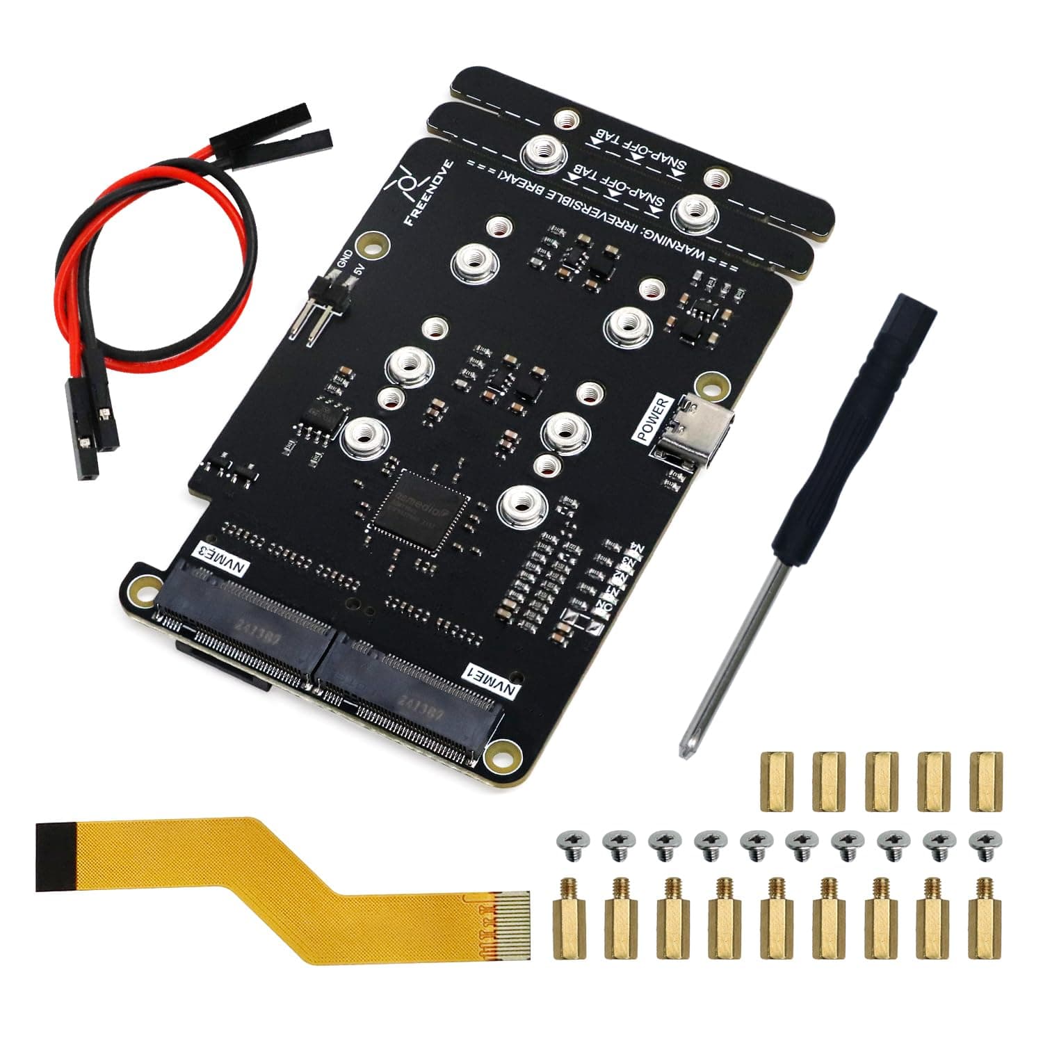 FREENOVE Quad M.2 NVMe SSD HAT for Raspberry Pi 5, M.2 Adapter AI HAT 4 Slots NAS RAID Kit, Solid State Drive Size 2230 2242 2260 2280, PCIe 2.0 Max Speed 500 MB/s, Detailed Tutorial