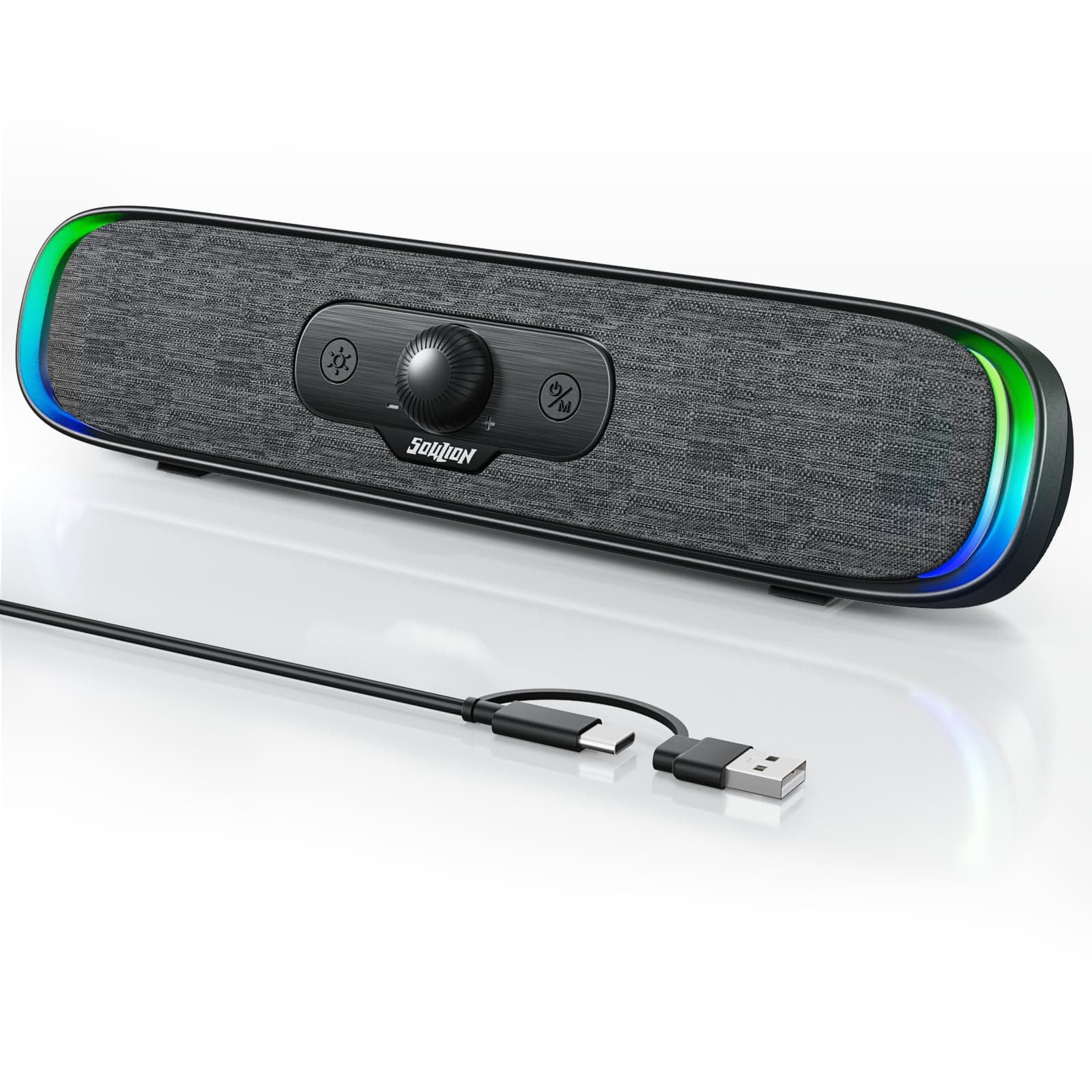 SOULION R200 PC Lautsprecher Bluetooth USB-C Soundbar mit LED-Lichteffekten, Kompakte Stereo-2.0 Computer Boxen für PC, Monitor, Laptop, Gaming, USB-betrieben