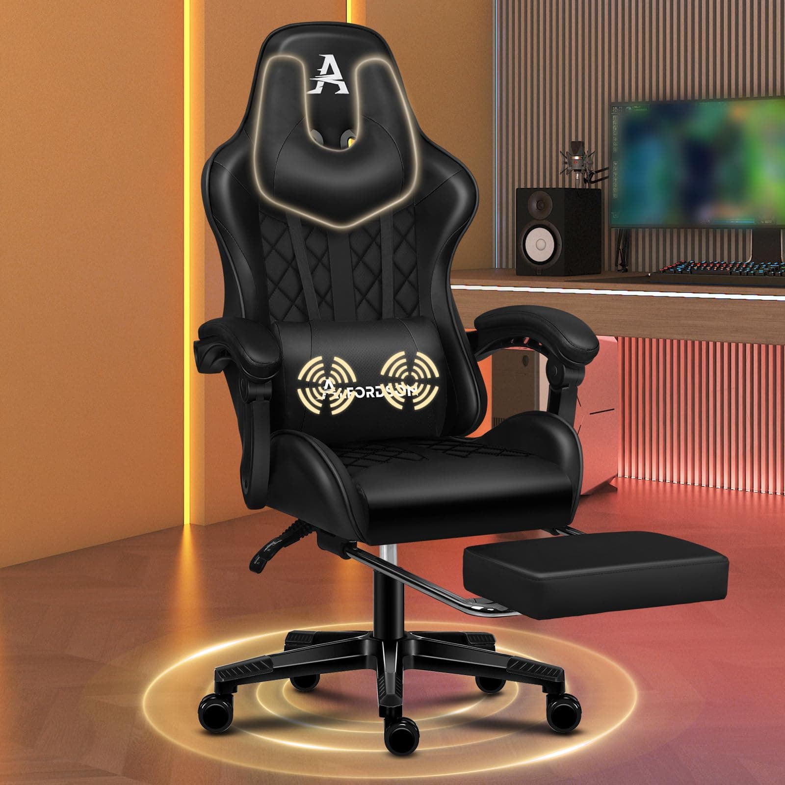 ALFORDSON Gaming-Stuhl mit Fußstütze und Lendenwirbelkissen, ergonomischer Computer-Bürostuhl mit 150° Neigung, Videospiel-Schreibtischstuhl mit hoher Rückenlehne, 180 kg Tragkraft, Schwarz