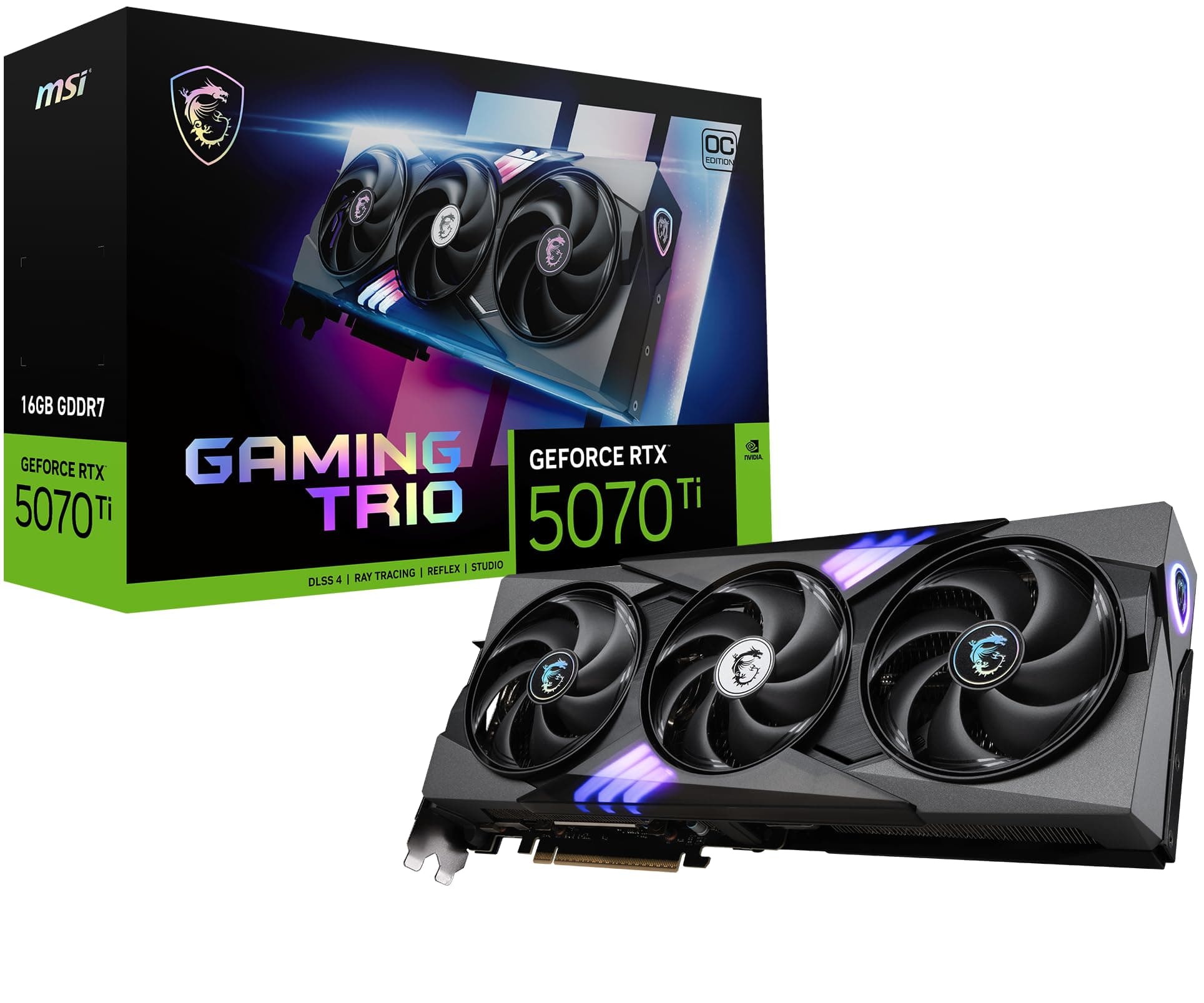GeForce RTX 5070 Ti 16G Gaming Trio OC — 16GB GDDR7 (28Gbps/256-bit), PCIe 5, Boost: 2572 MHz, HDMI 2.1b, DisplayPort 2.1b