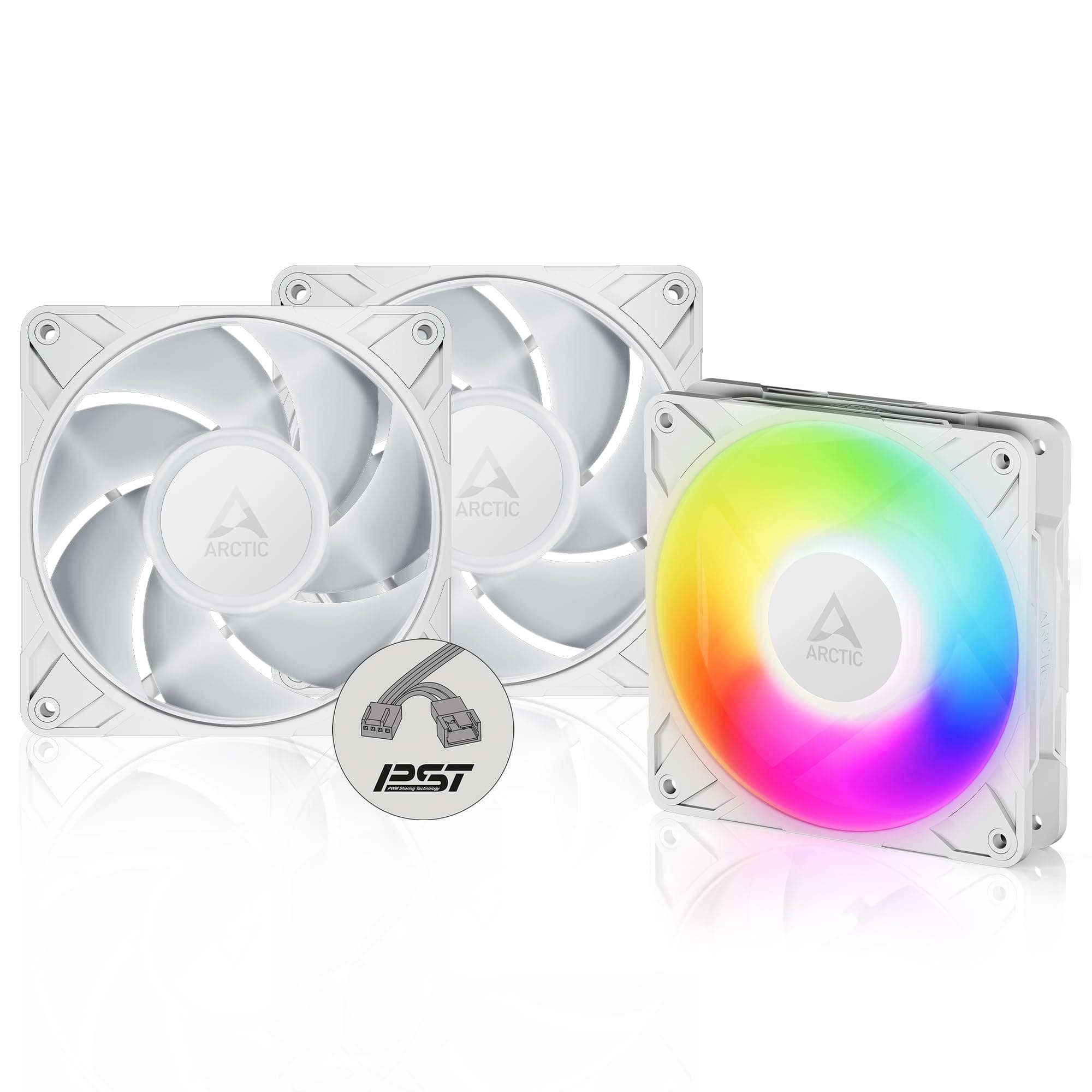 ARCTIC P12 Pro A-RGB (3 Stück) - Leistungsstarker Premium PC Lüfter, 120 mm PWM Case Fan mit Y-Kabelsplitter, 600–3000 rpm, 0 rpm <5% PWM, 5V Digital RGB, Hydrodynamisches Gleitlager, 4-Pin - Weiß