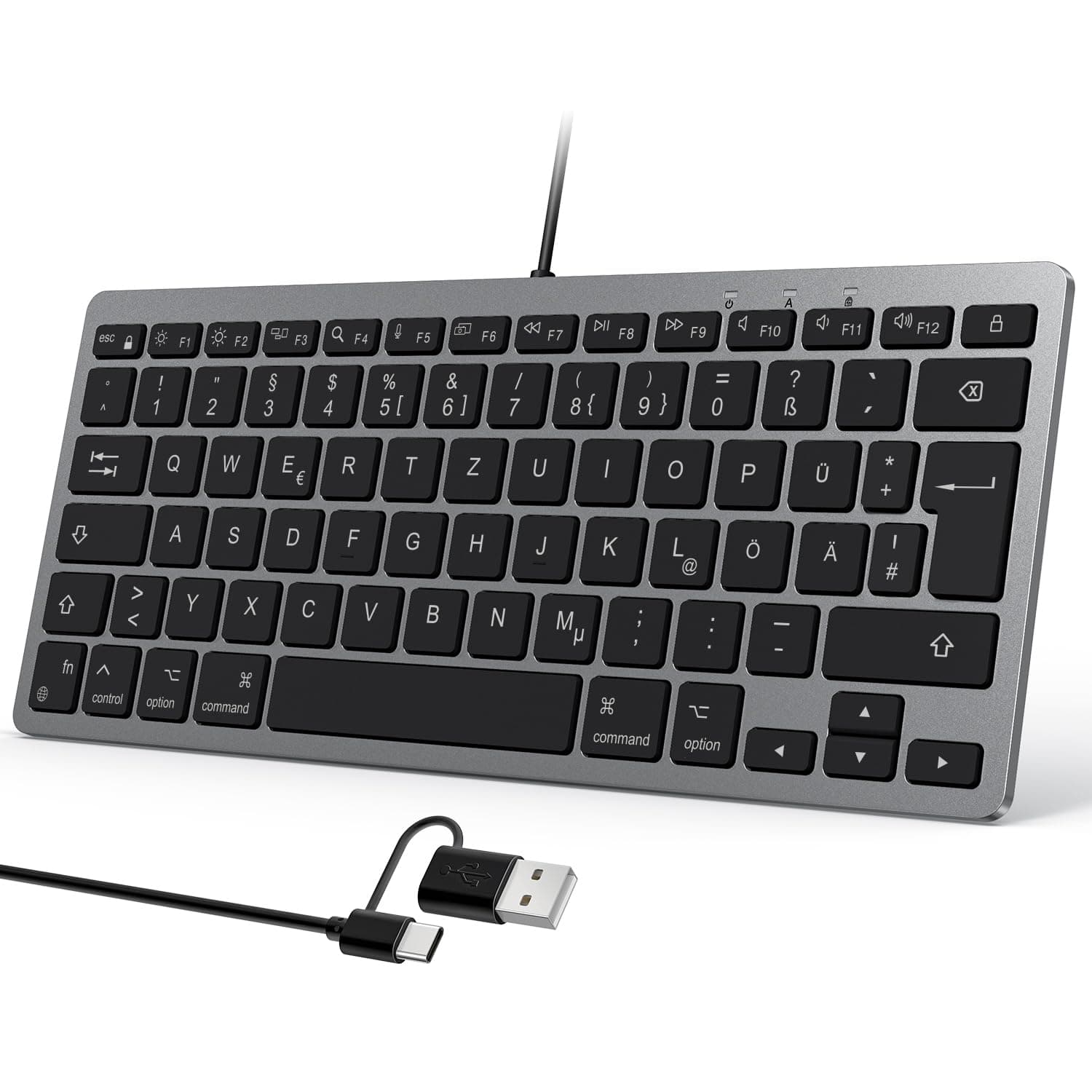 OMOTON Kabelgebundene-Mac-Tastatur, Tastatur Kabel mit Dualem Anschluss (Type C/USB), Flüsterleise Tasten & Stabiler Verbindung, Deutsches Layout (QWERTZ) kompatibel mit MacBook, iMac, Mac mini, Grau