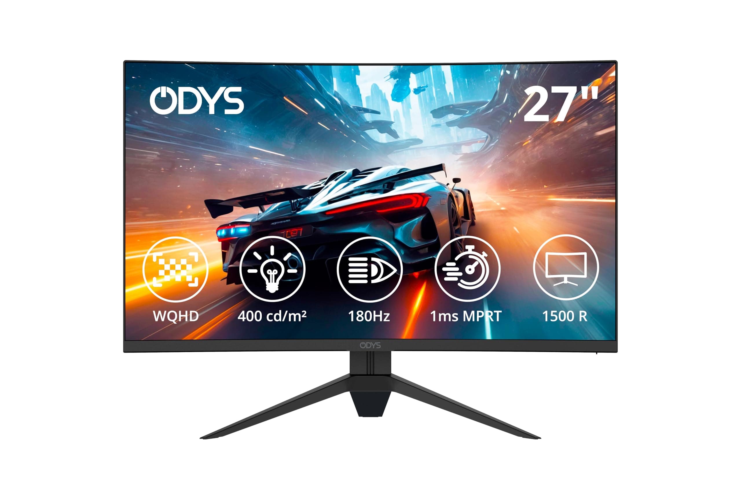 ODYS Q27 PRO-X - Curved Gaming Monitor 27 Zoll (69 cm), 180 Hz, WQHD (2.560x1.440 px), 1ms Reaktionszeit (MPRT), HDR, 1500R, FreeSync/G-Sync kompatibel, Eye Care, HDMI, Display Port, 3,5mm Audio