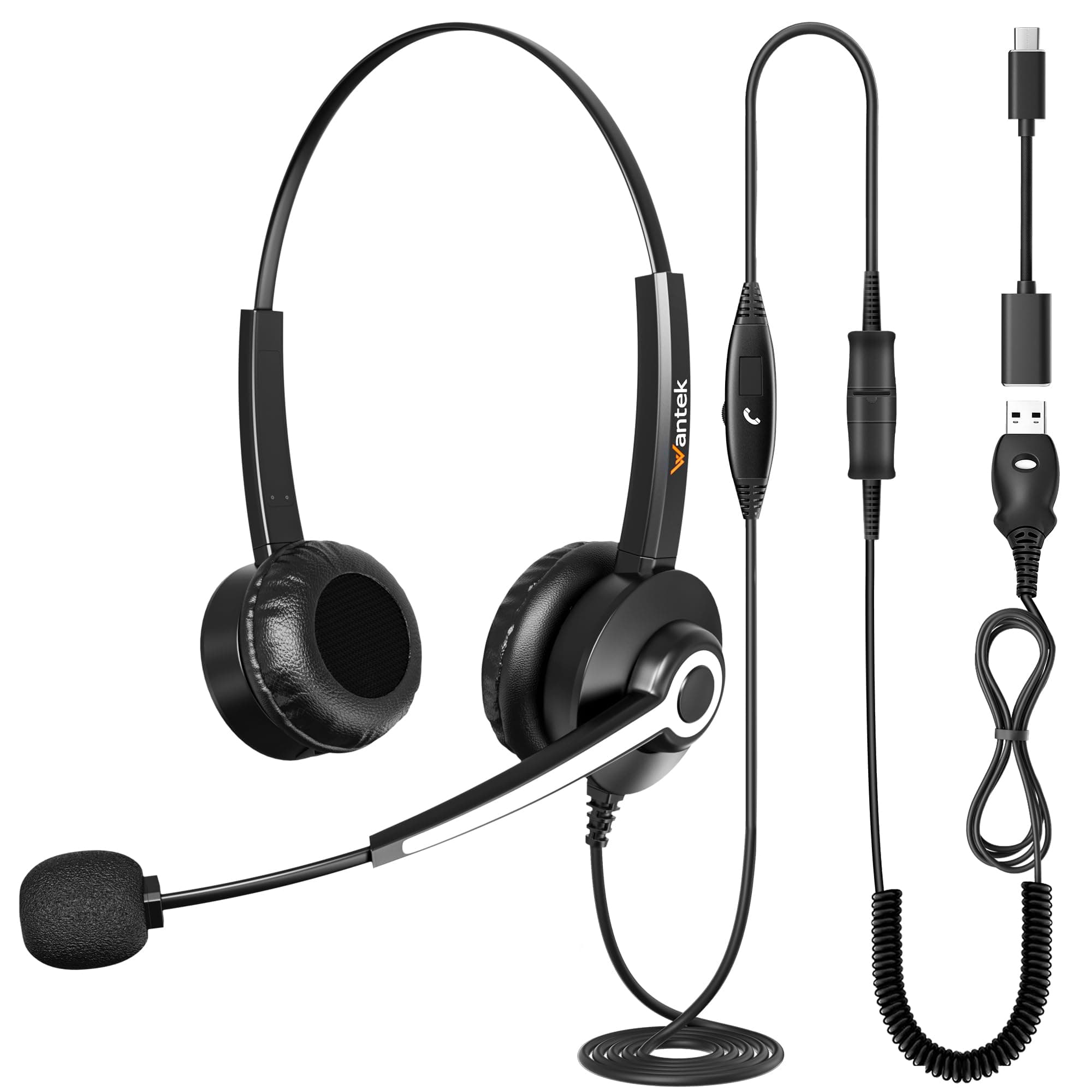 Wantek USB Headset mit Mikrofon für PC Laptop Büro, USB Stecker Typ-C Adapter Für Call Center Online Konferenzen Teams Meeting Skype, Zoom, Home Office, Online-Kurse