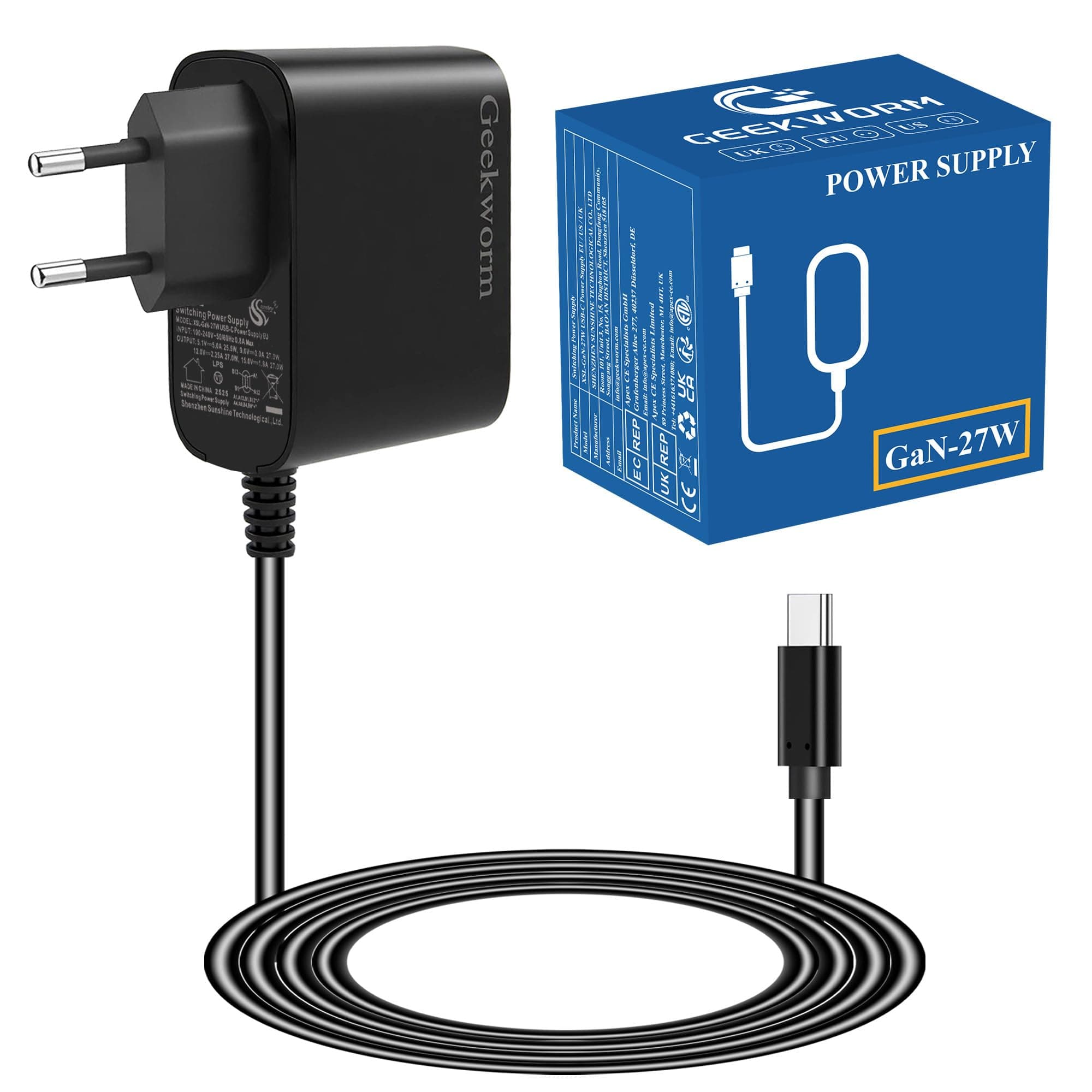 Geekworm USB-C Netzteil GaN 27W 5.1V 5A für Raspberry Pi 5 16GB 8GB 4GB 2GB