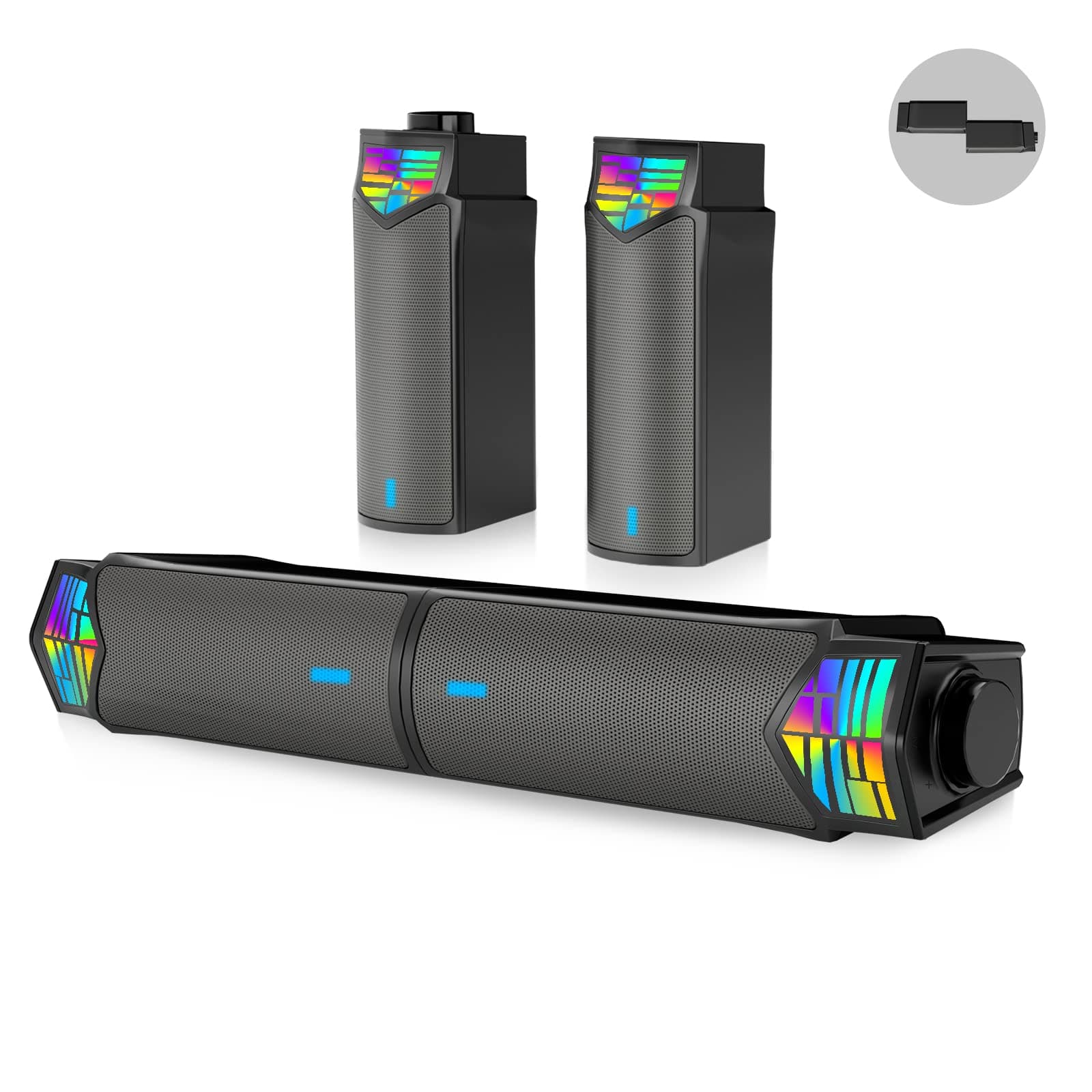 Smalody Computer PC Lautsprecher, 2 in 1 Bluetooth Lautsprecher mit RGB Beleuchtung, Abnehmbar Soundbar Stereo Sound Lautsprecher für PC