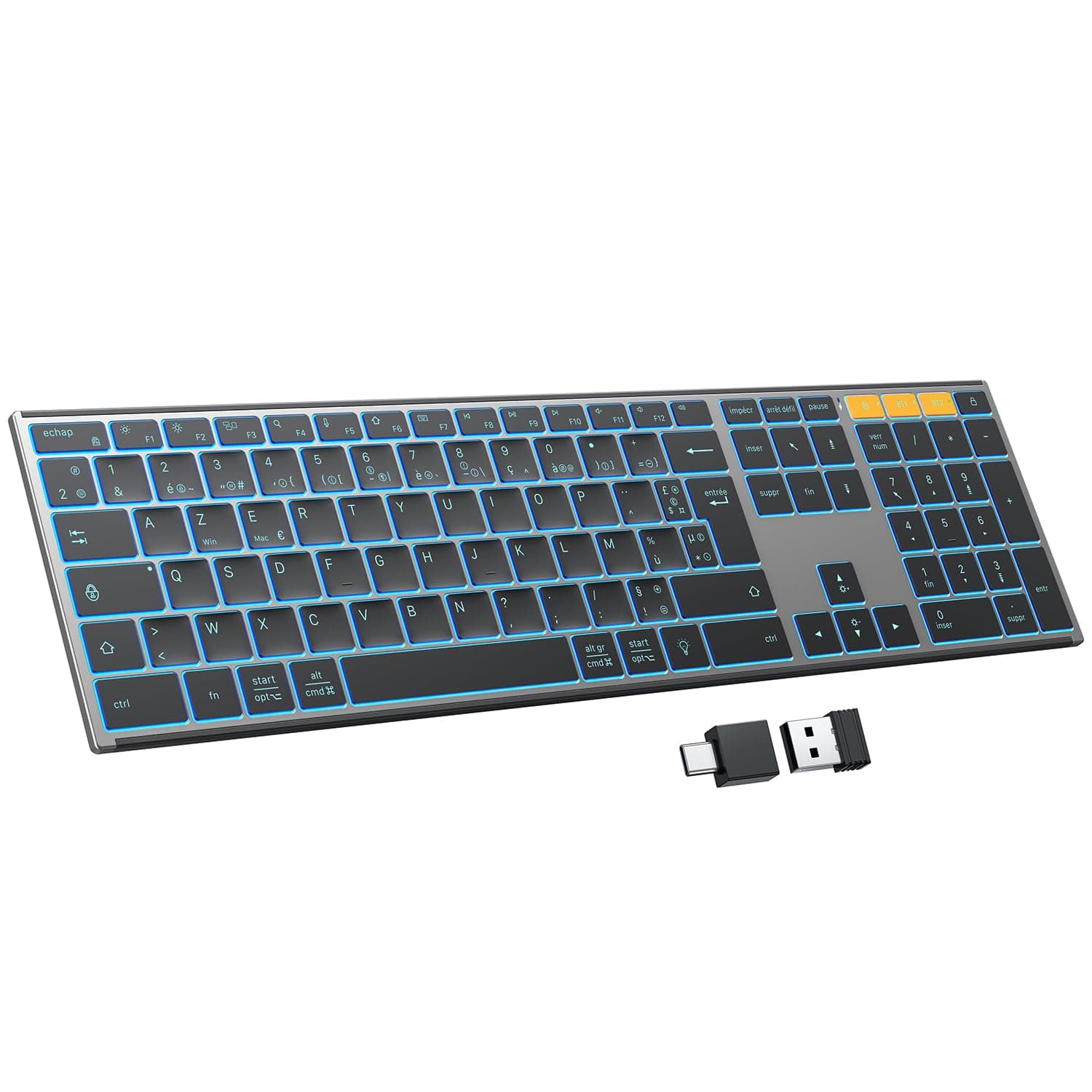 OMOTON Kabellose Tastatur für Windows, Bluetooth Kabellos wiederaufladbar mit 2 Kanälen, Bluetooth 2,4 G AZERTY Französisch Metall, Hintergrundbeleuchtung ergonomisch leise Tastatur