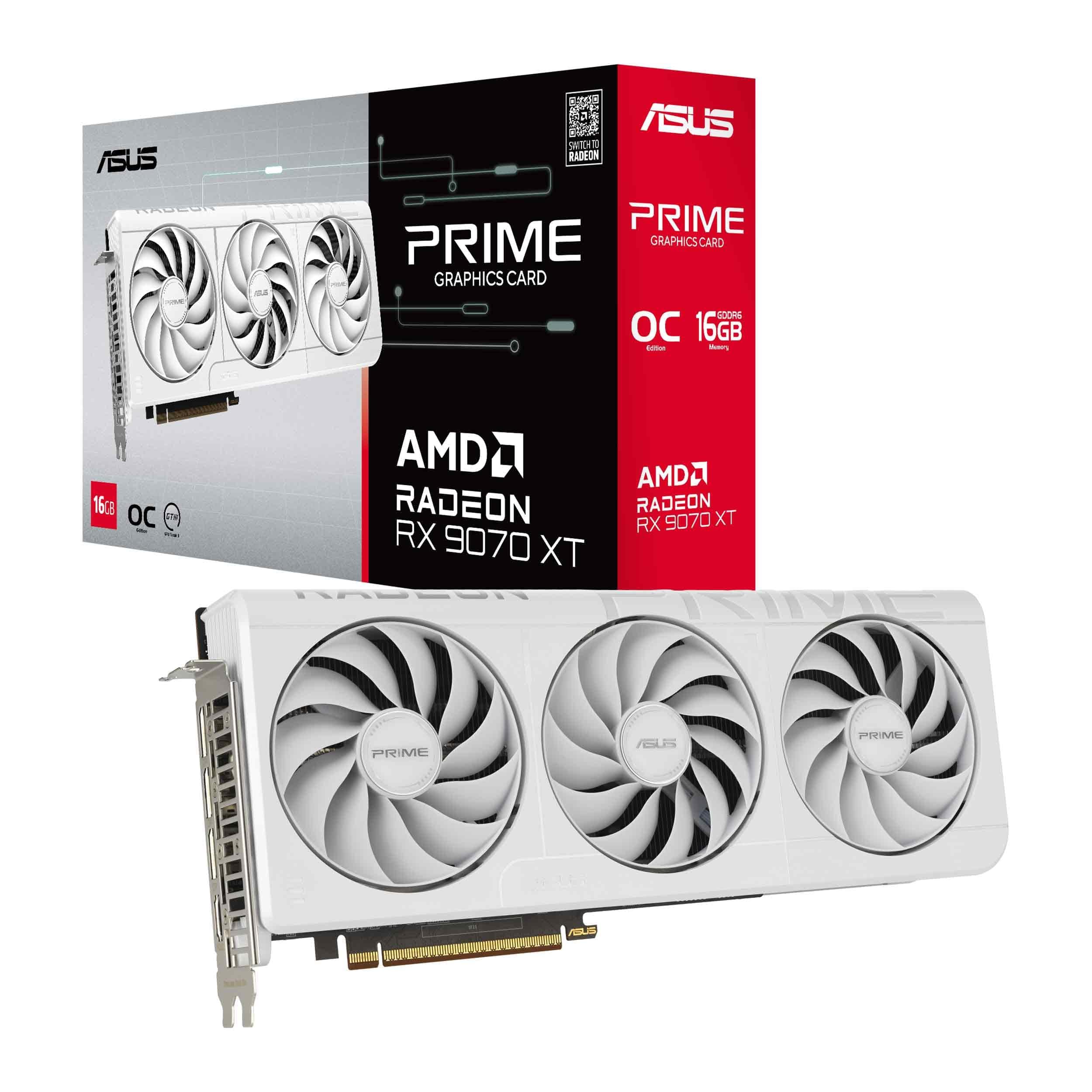 ASUS Prime Radeon RX 9070 XT White OC Edition 16GB GDDR6 Gaming Grafikkarte (AMD Radeon RX9070XT RDNA 4, 2,5-Slot, PCIe 5.0,1x HDMI 2.1b, 3X DisplayPort 2.1a, Weiß, PRIME-RX9070XT-O16G-WHITE)