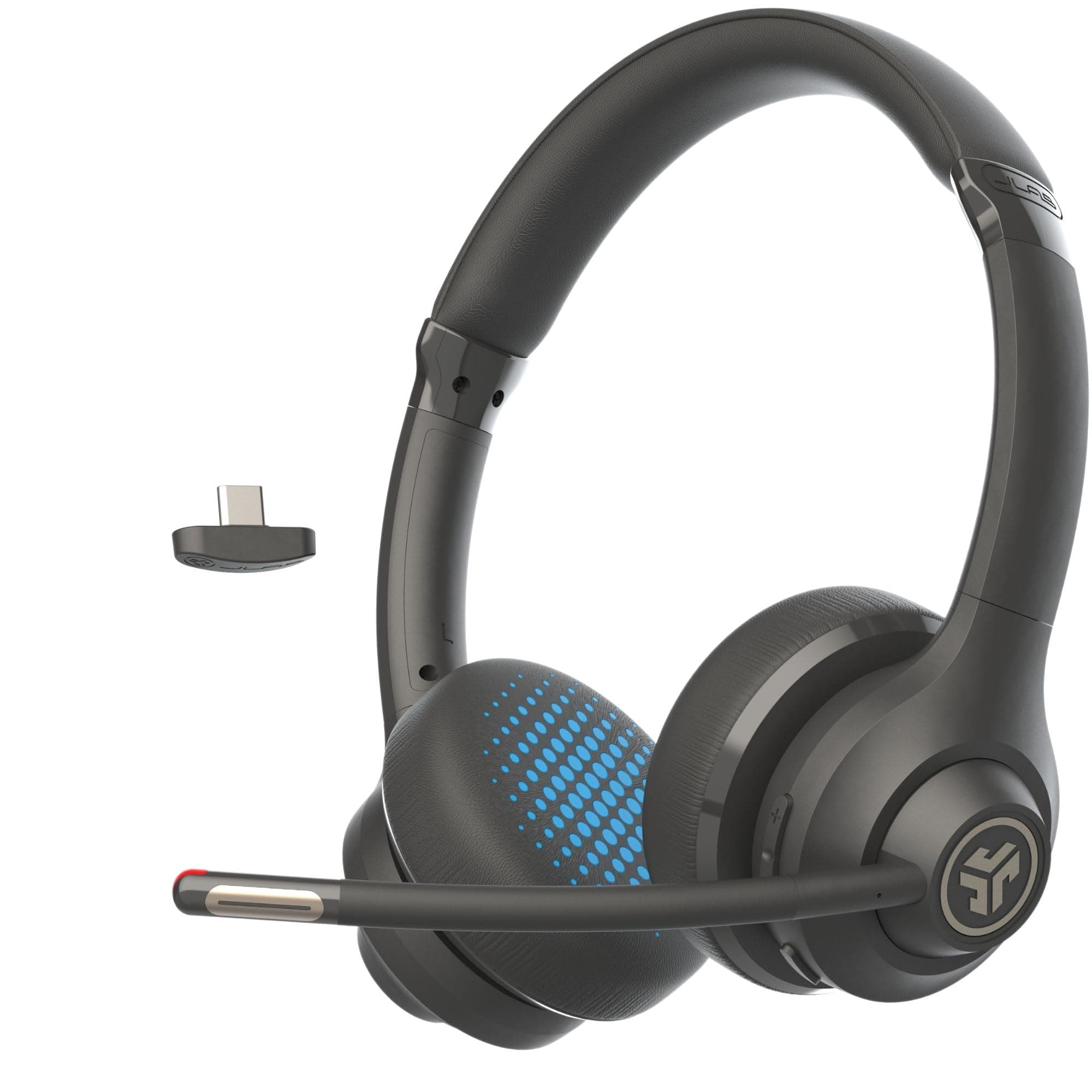 JLab Go Work 2nd Gen Headset mit Mikrofon Bluetooth & USB C Dongle, 55+ Std. Akku, On Ear Wireless Headset mit Mikrofon und Multipoint, kabellos oder mit Kabel, für PC, Handy, Büro