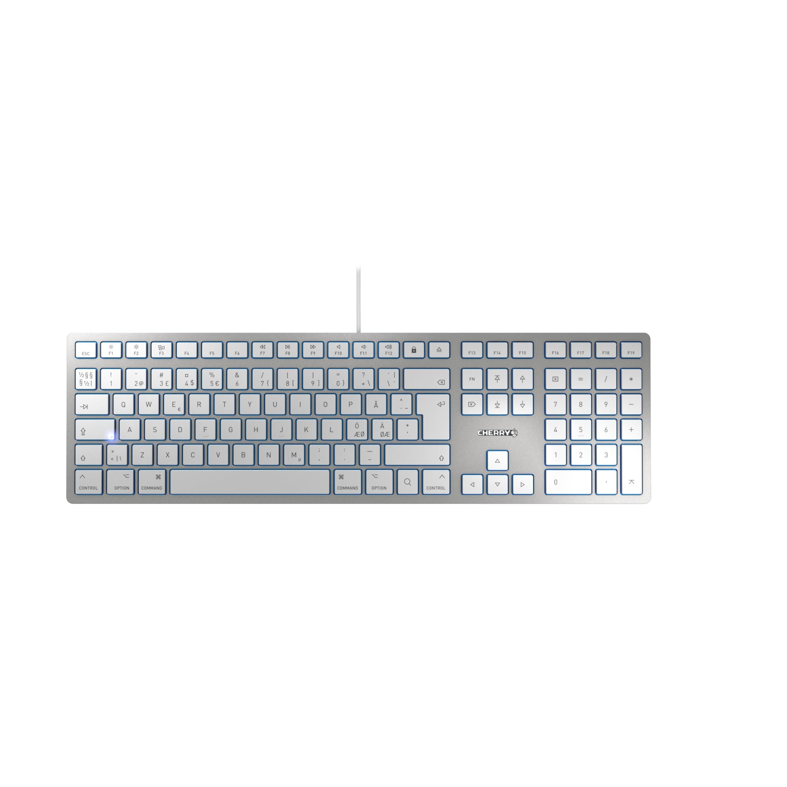 CHERRY KC 6000 Slim for MAC, Kabelgebundene Mac-Tastatur (USB-A Anschluss), Pan-Nordisches Layout (QWERTY), Flüsterleise Tasten, Flaches Design, Weiß-Silber
