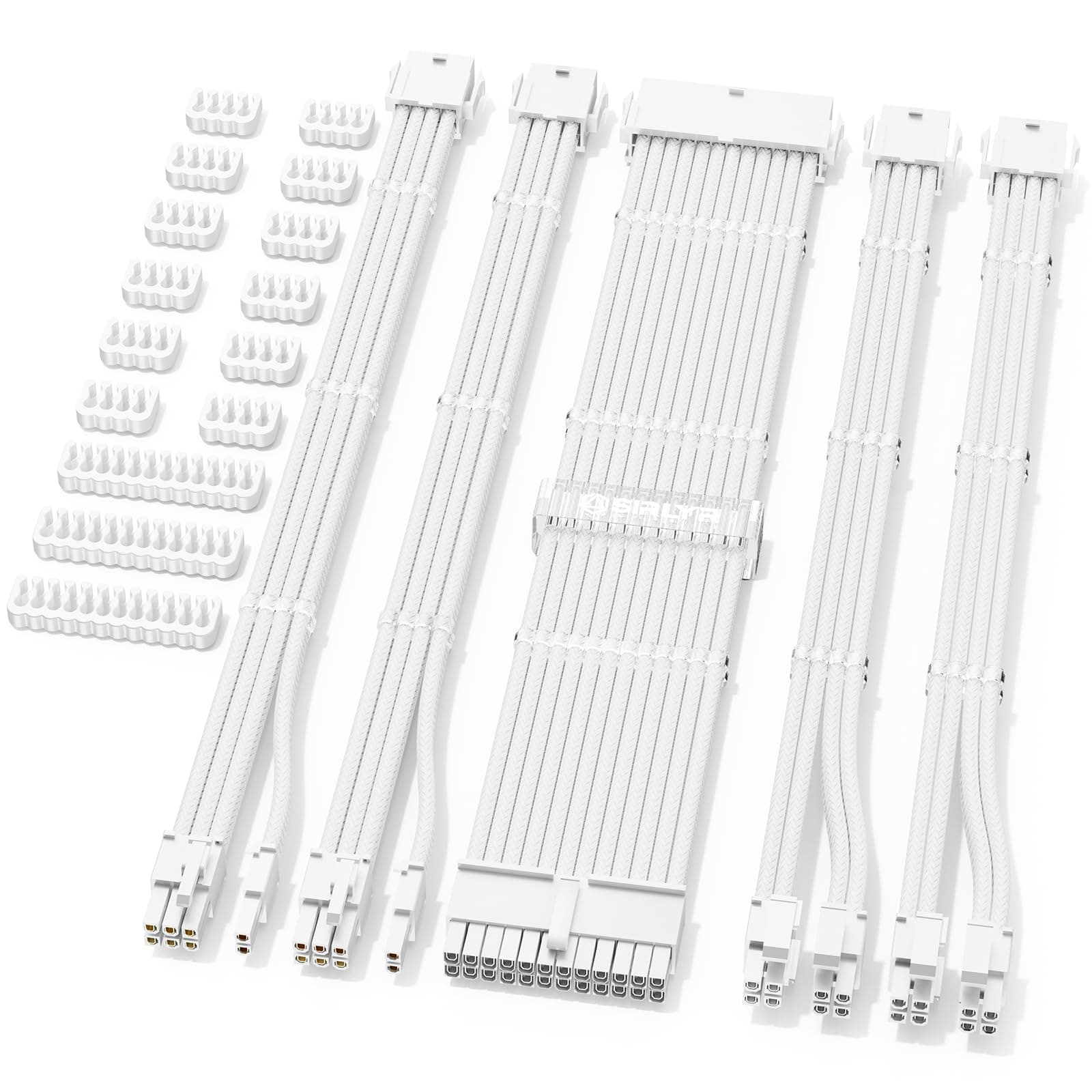 Sirlyr PSU-Kabel-Verlängerungsset, hellweiß ummantelt, 1 x 24-polig ATX, 2 x 8-poliges EPS, 2 x 8-polige PCI-E, vergoldete Pins für GPU-Stromversorgung, mit vorinstallierten Kabelkämmen, 5 Kits