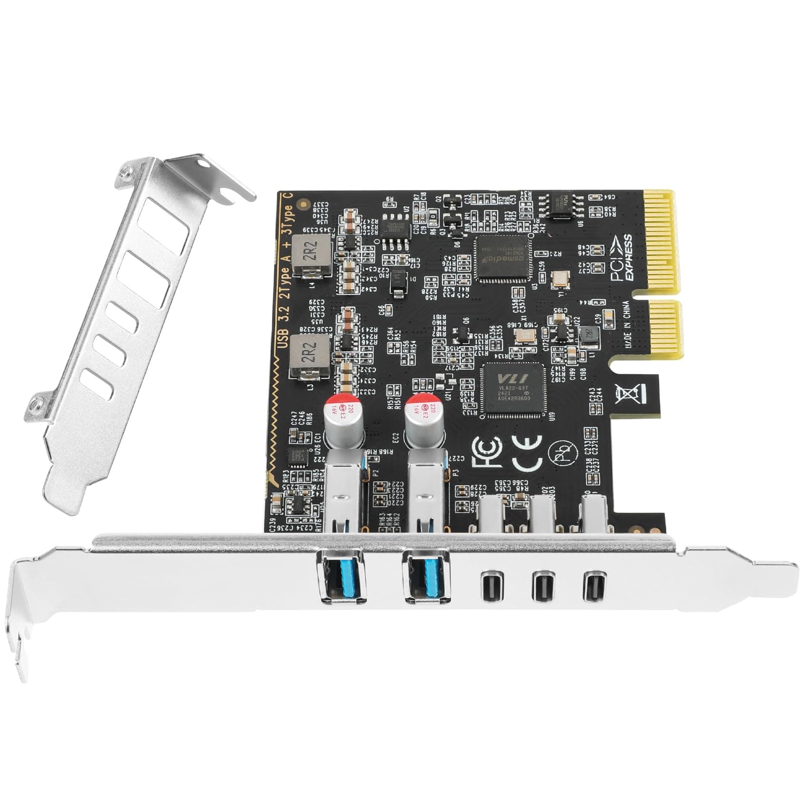 Jorkar Erweiterungskarte PCIe auf USB 3.2/3.1 2.Gen, 5 Ports(3 Type C + 2 Type A) 10+10Gbps, PCIe-Karte auf USB C Interner PC Hub PCI-E Add-On Adapter Host-Controller-Karte