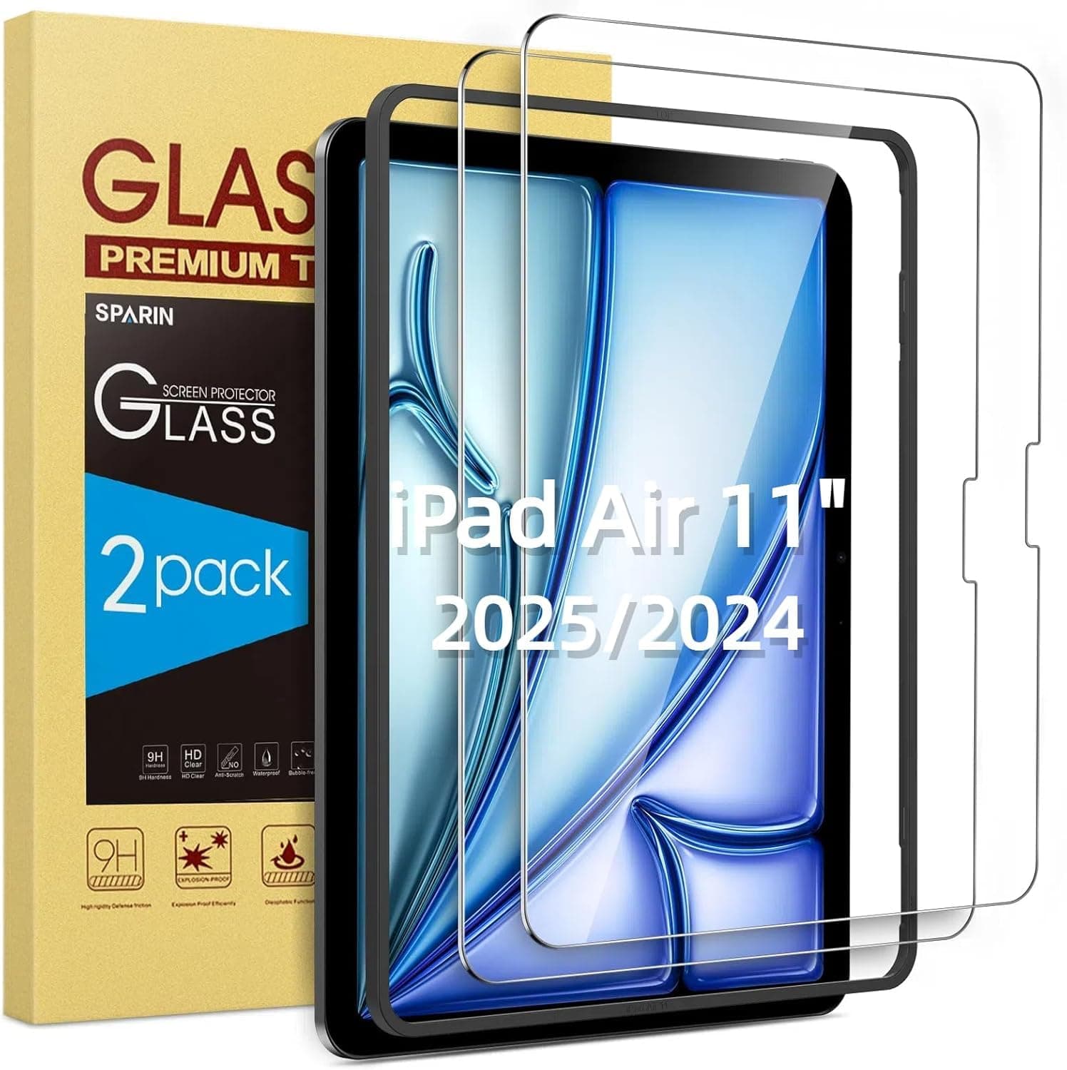 SPARIN 2 Stück Panzer Schutz Glas für iPad Air 11 Zoll M3 2025/ M2 2024, Schutzfolie für iPad Air 7/6.Generation, mit Rahmen-Installationshilfe,Kratzfest,9H Härte,Anti-Bläschen,HD-Klar