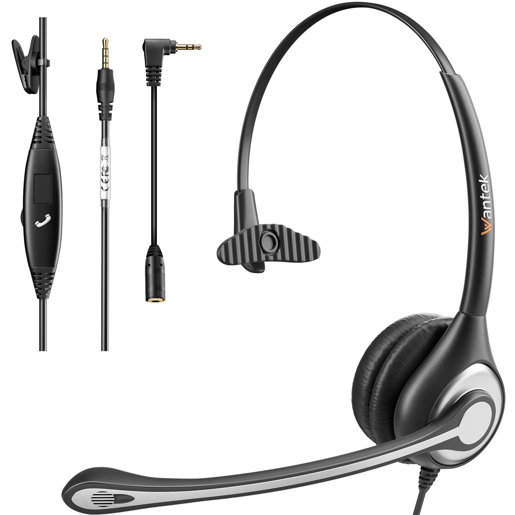 Wantek Mono-Headset mit Mikrofon für Laptop, PC-EIN-Ohr-Kopfhörer 3,5mm Klinke & 2,5mm Adapter,Geräuschunterdrückung,Lautstärkeregler für Callcenter, VoIP Softphone,Skype,Home Office,Klarer Chat