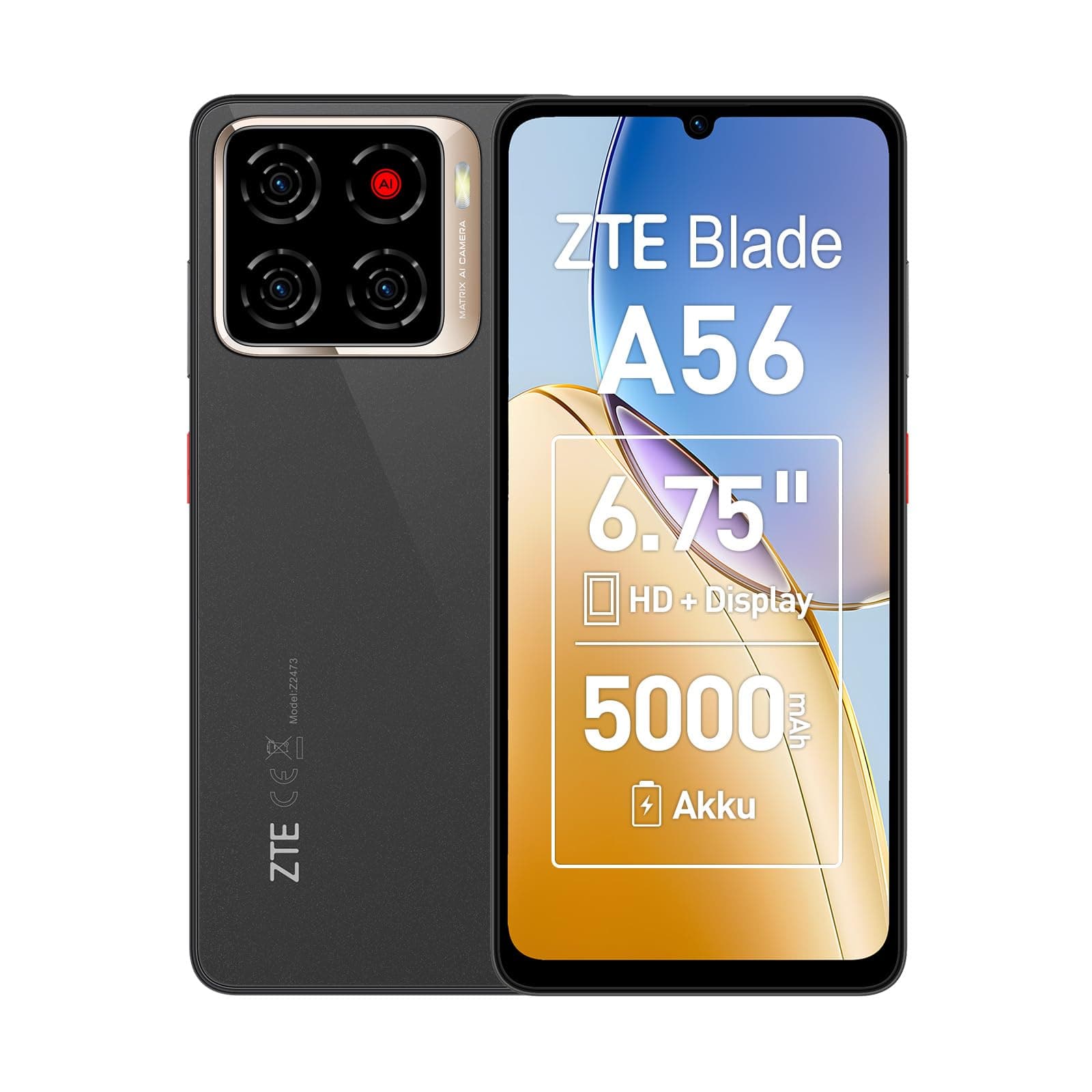 ZTE Blade A56 Android Smartphone ohne Vertrag, Schwarz (2025)+6,75 Zoll HD+Display (90 Hz), 4G LTE, 4GB RAM, 64GB Speicher, 13MP KI-Hauptkamera+8MP Frontkamera, Dual SIM