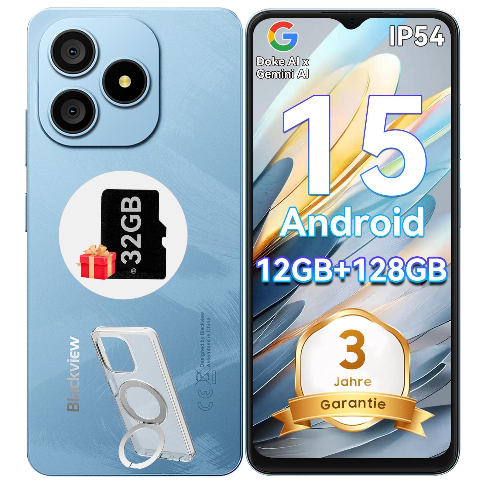 Blackview Wave 9C Handy Ohne Vertrag, Android 15 Phone, 12GB+128GB/2TB TF, 6.56", 5000mAh Smartphone Ohne Vertrag Günstig, IP54, 13MP+8MP, Fingerabdruck/GPS/OTG/Ring-Halter Handyhülle