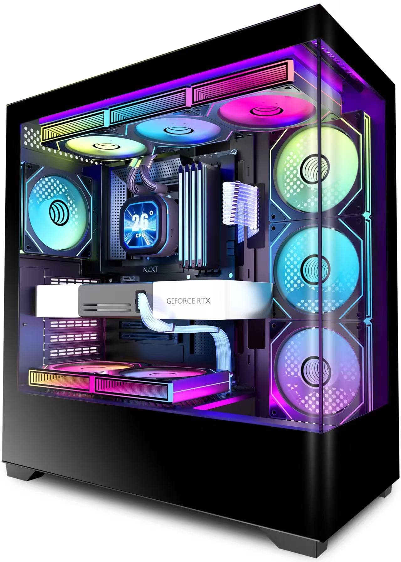 KEDIERS PC Gehäuse Vorinstallierter 7 × 120MM PWM ARGB Lüfter, ATX Mid Tower PC Gehäuse, Computergehäuse mit Panoramaaussicht Gehärtetes Glas Front Panel,Schwarz，P4 ARGB
