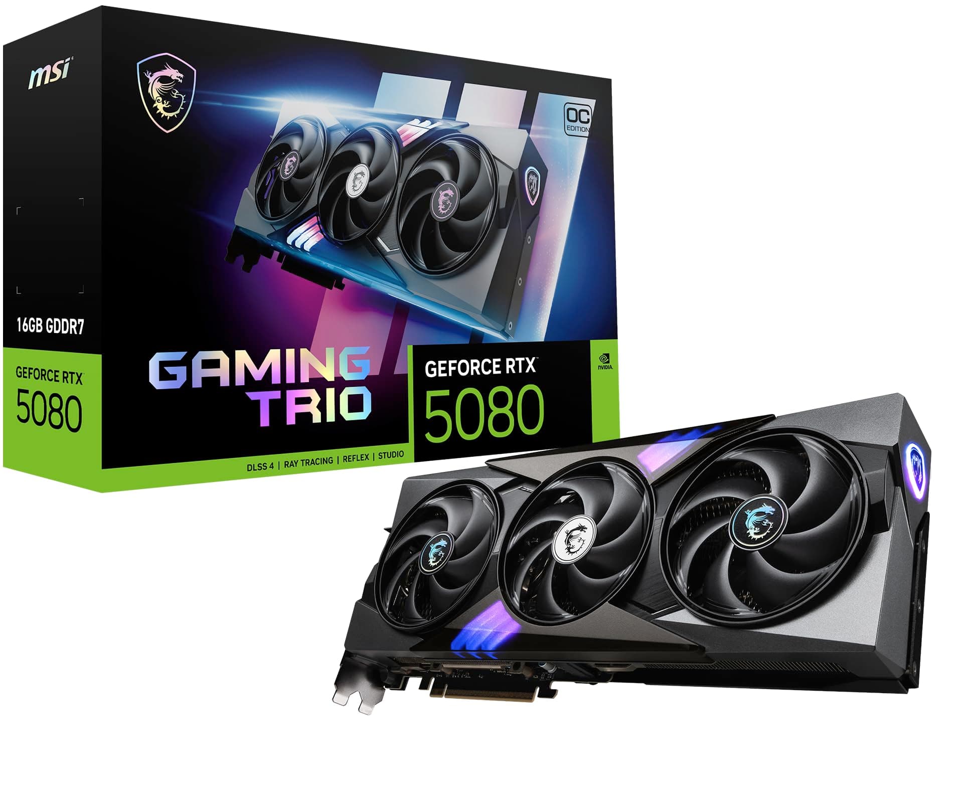 MSI GeForce RTX 5080 16G Gaming Trio OC — 16GB GDDR7 (30Gbps/256-bit), PCIe 5, Boost: 2745 MHz, HDMI 2.1b, DisplayPort 2.1b