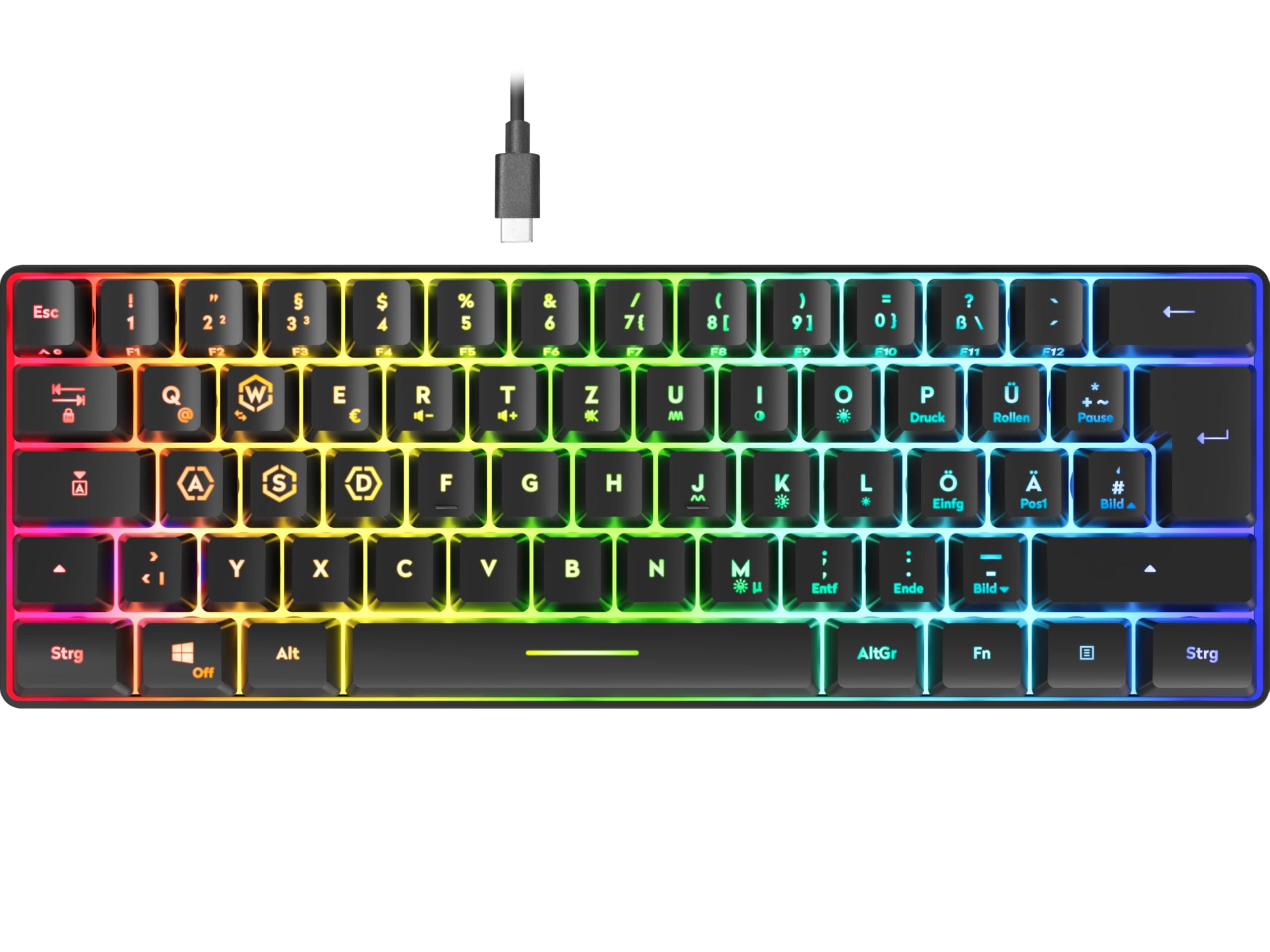 Speedlink Letos - RGB Gaming Tastatur 60%, kabelgebunden, USB-C Kabel abnehmbar, Anti-Ghosting, Hintergrundbeleuchtung Verschiedene Beleuchtungsmodi, Deutsches Layout QWERTZ, schwarz