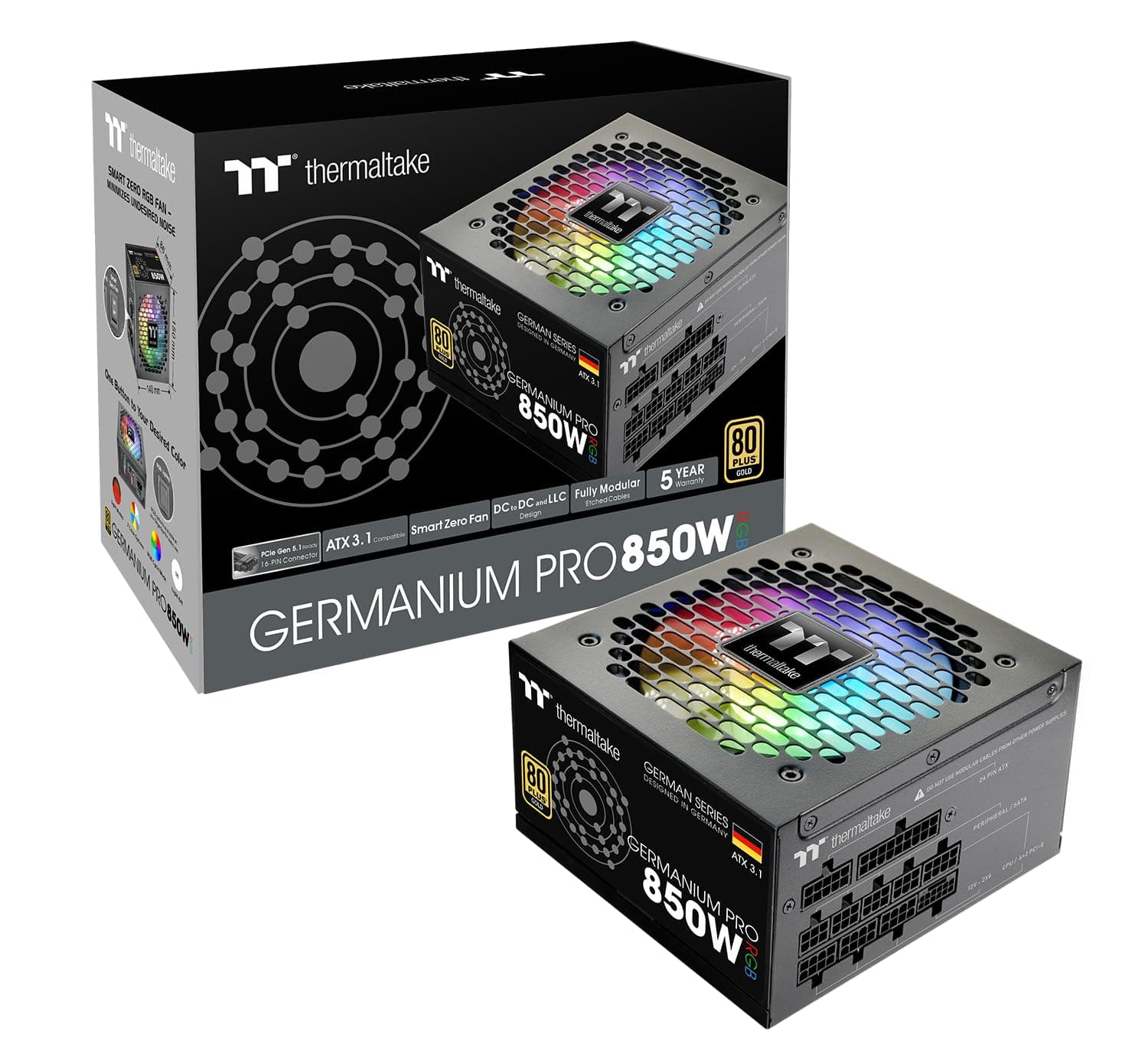 Thermaltake Germanium Pro 850W Netzteil | RGB | ATX 3.1 | PCIe Gen 5.1 kompatibel | 12V-2x6 12+4-Pin Anschluss | ultraleise Lüfter | Smart-Zero-Funktion | 80Plus Gold | vollmodulares Kabelmanagement
