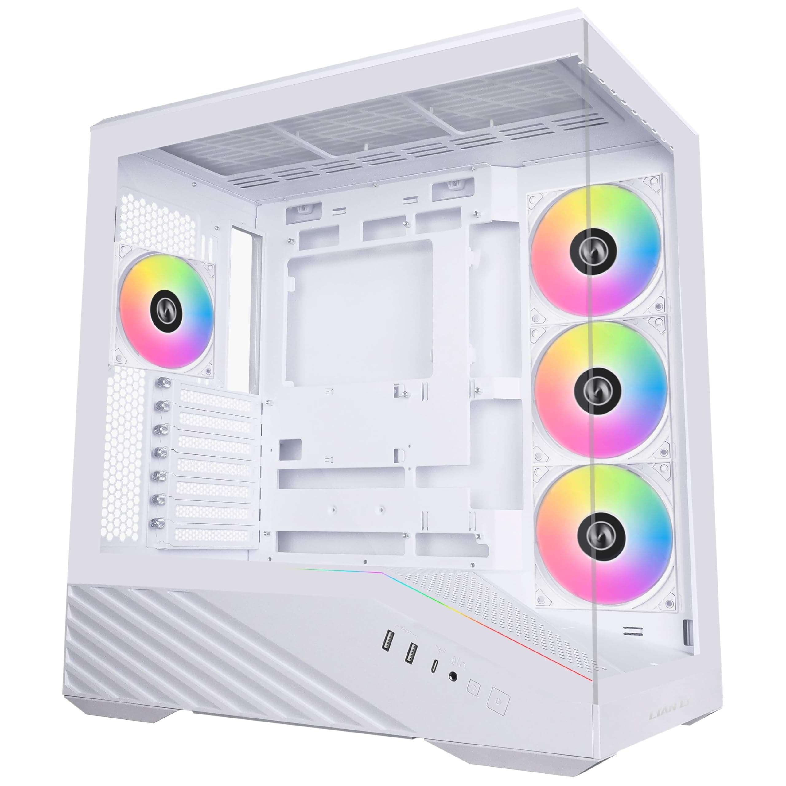 LIAN LI Vector V100 PC-Gehäuse Weiß – ATX Midi-Tower mit Tempered Glass, RGB-Beleuchtung, 4X 120-mm-Lüfter, Platz für 360mm Radiator, GPU bis 415mm, Back Connect kompatibel