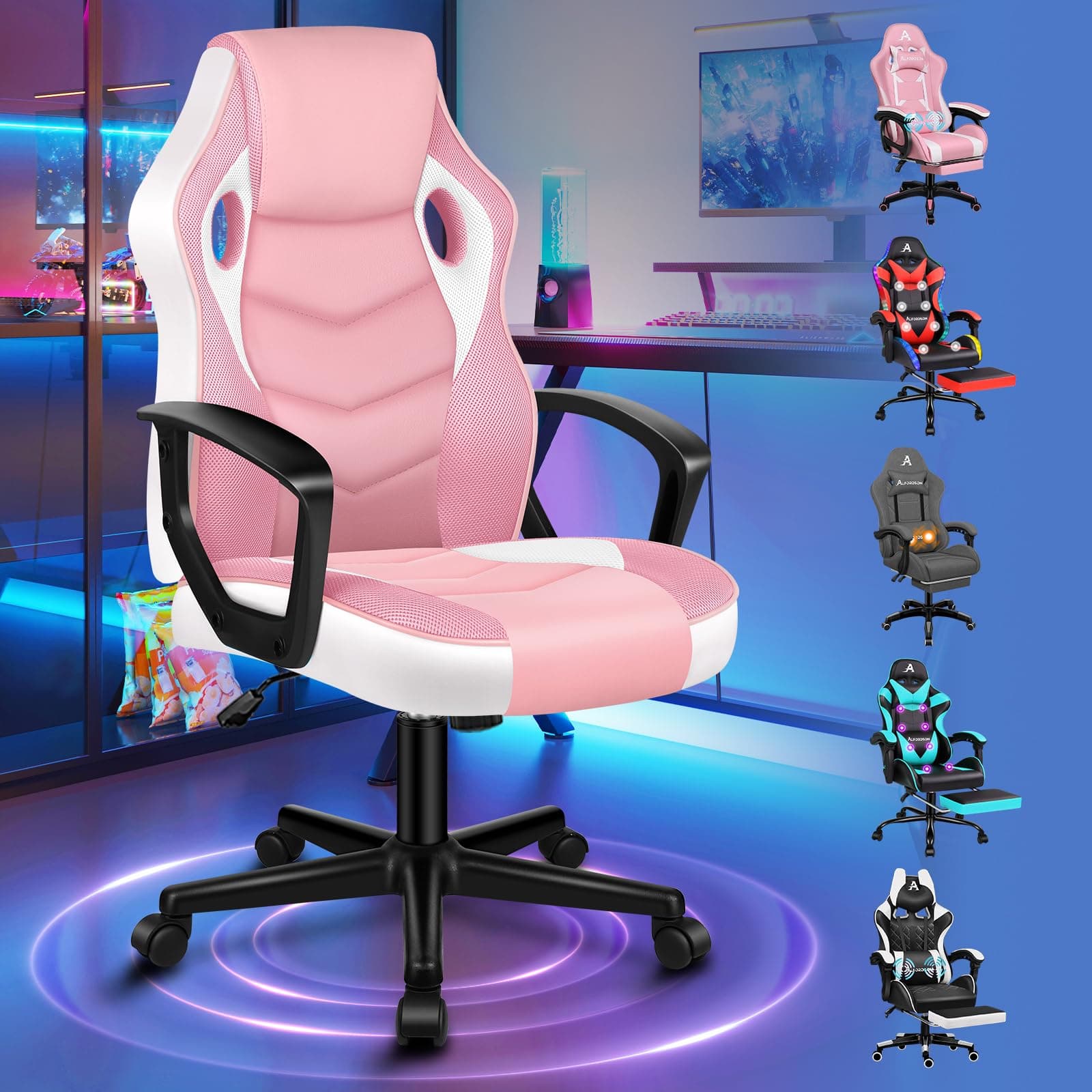 ALFORDSON Racing Schreibtischstuhl, Ergonomischer höhenverstellbarer & gepolsterter 150 kg belastbarer Bürostuhl, Drehbarer PC-Gaming-Stuhl fürs Homeoffice, PU-Leder und Stoff, Rosa