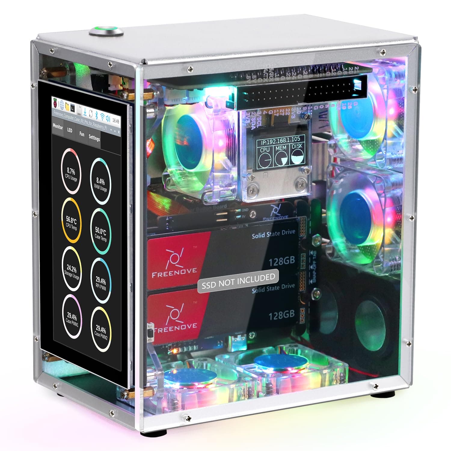 FREENOVE Raspberry Pi 5 NAS Case Kit, Quad M.2 NVMe SSD Slots, 5 PWM ARGB Fans Light Sync, CPU Tower Cooler, 4.3" Touchscreen, Stereo Speakers, 3.5 mm Audio (SSD NOT Included)