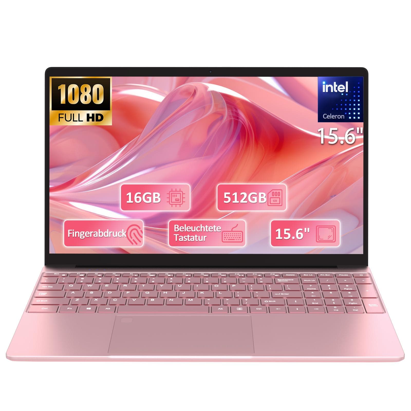 2026 Neueste 15.6 Zoll FHD Laptop|16GB RAM 512GB SSD|Celeron 5205U Prozessor |QWERTY Tastatur mit Hintergrundbeleuchtung|Fingerabdruckleser|WiFi |HDMI|Notebook Computer für Unternehmen und Studenten|