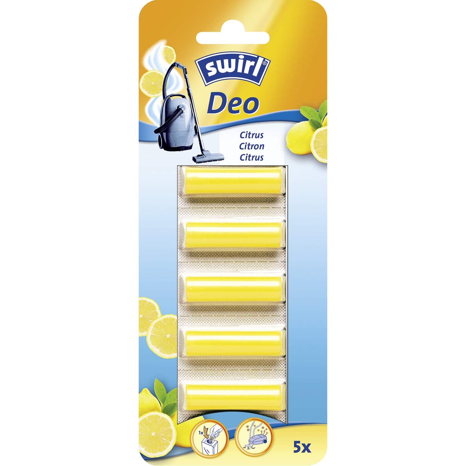 Swirl Deo-Sticks Citrus für Staubsauger – lang anhaltender Frischeduft, neutralisiert unangenehme Gerüche, einfach anzuwenden, ideal für alle Staubsauger und Tierhaushalte, 5 Stück pro Packung