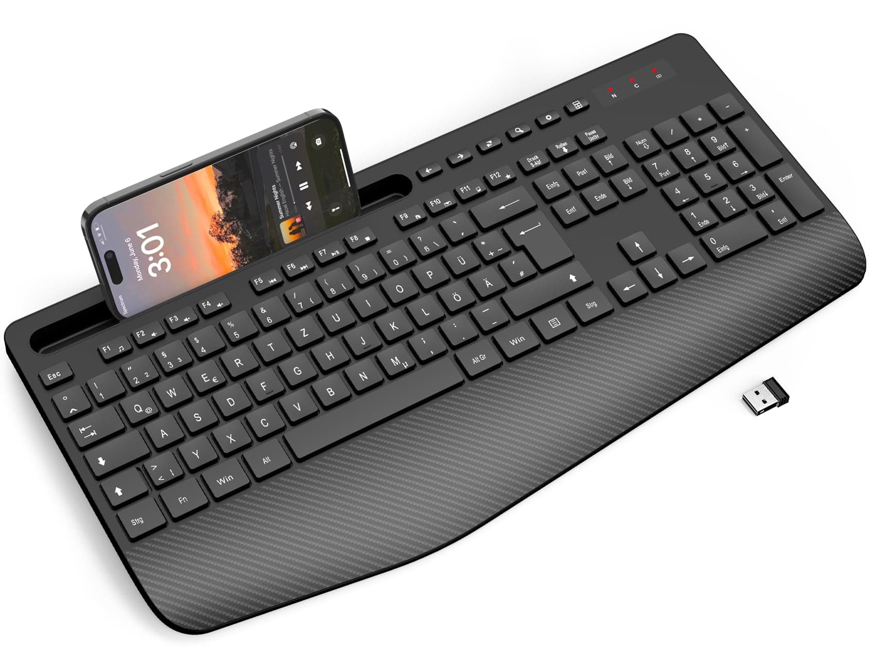 Tastatur Kabellos mit Handballenauflage, Ergonomische Tastatur in Voller Größe mit Telefonhalter, Schlafmodus, 18 Multimedia-Tasten, Leise 2,4 GHz Funktastatur für Mac, Windows, Computer, Laptop, PC