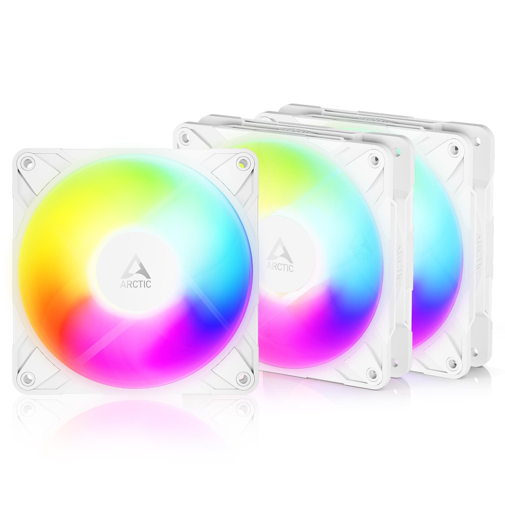 ARCTIC P12 Pro Reverse A-RGB – 3 Pack – 120 mm Premium-Lüfter mit Reverse Airflow, PWM-Lüfter mit Y-Kabelsplitter, 500-3000 rpm, 0 rpm <5% PWM, 5V Digital RGB, Hydrodyn. Gleitlager, 4-Pin - Weiß