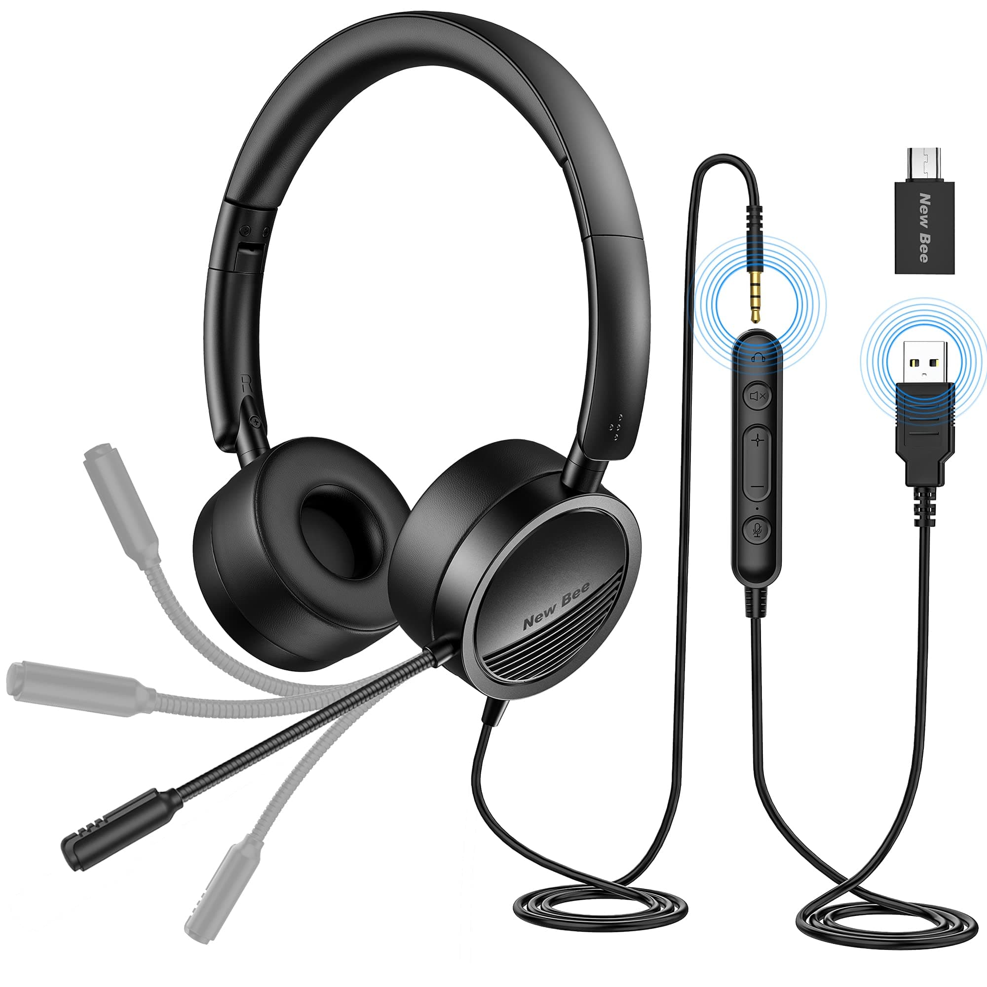PC Headset mit Mikrofon New Bee USB/3,5mm Business Headset Noise Cancelling & Klare Stereo-Sound für Call Center Office Telefonkonferenzen Skype-Chat Webinar-Präsentationen Online-Kurse und Musik