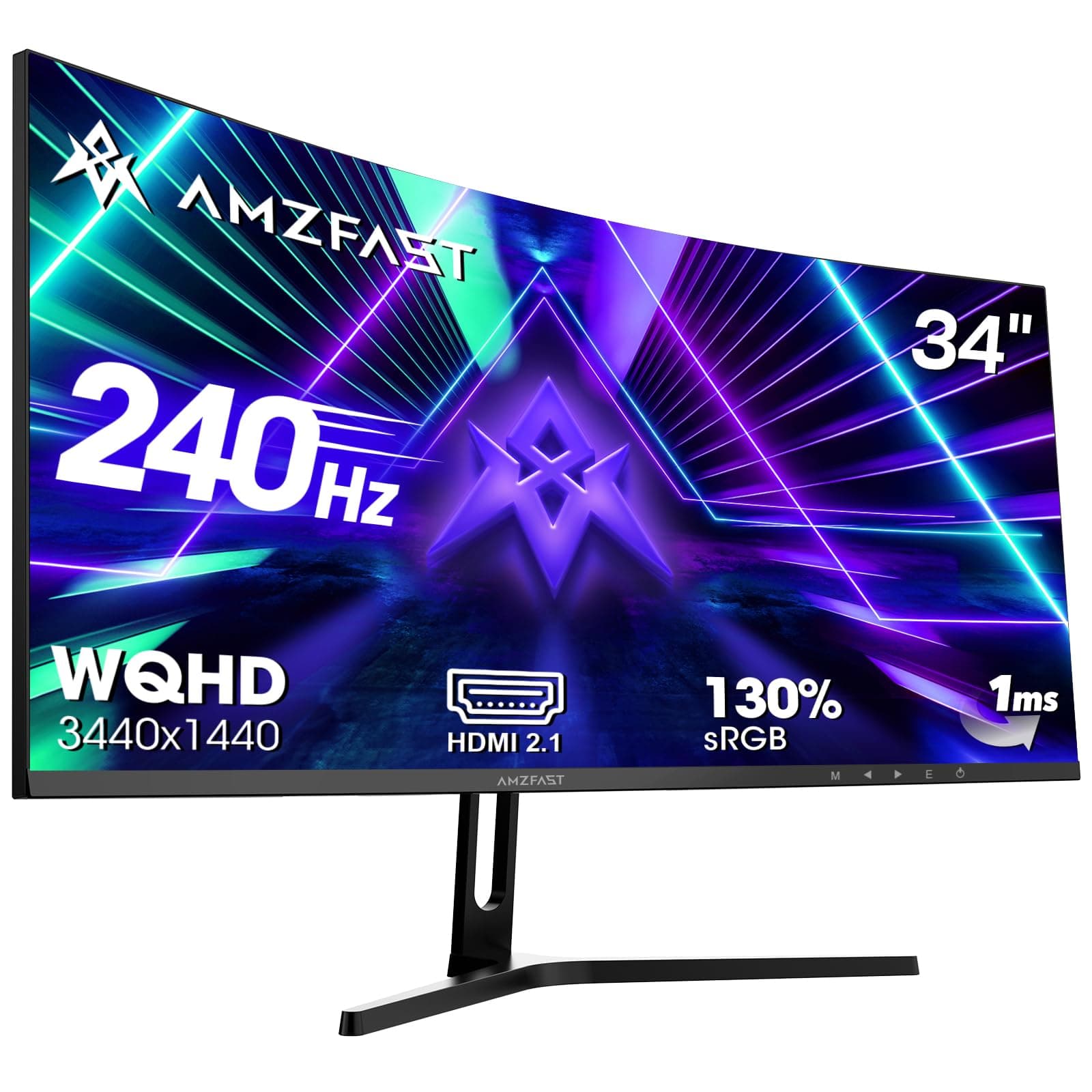 Amzfast 34 Zoll Curved Gaming Monitor, 3440x1440 UWQHD, 240Hz, 21:9 VA Panel, 1500R, 1ms MPRT, Adaptive Sync, HDR, DCI-P3 98%, sRGB 130%, Pip/PBP, HDMI2.1 & DP1.4, VESA 75x75mm, AMZG34C5Q Pro