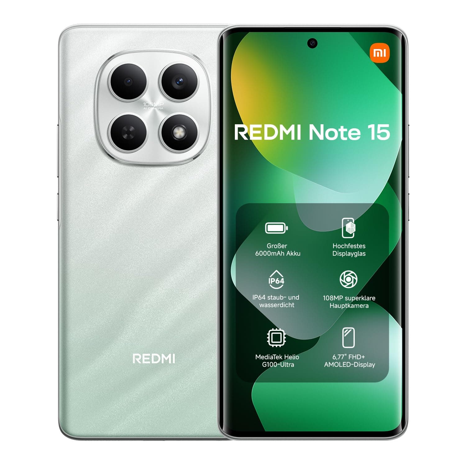 XIAOMI Redmi Note 15 Smartphone (8+256 GB) – 6000-mAh-Akku, wassergeschützt, 108-MP-Kamera, 6,77" FHD+ Display, Forest Green, 2 Jahre Garantie