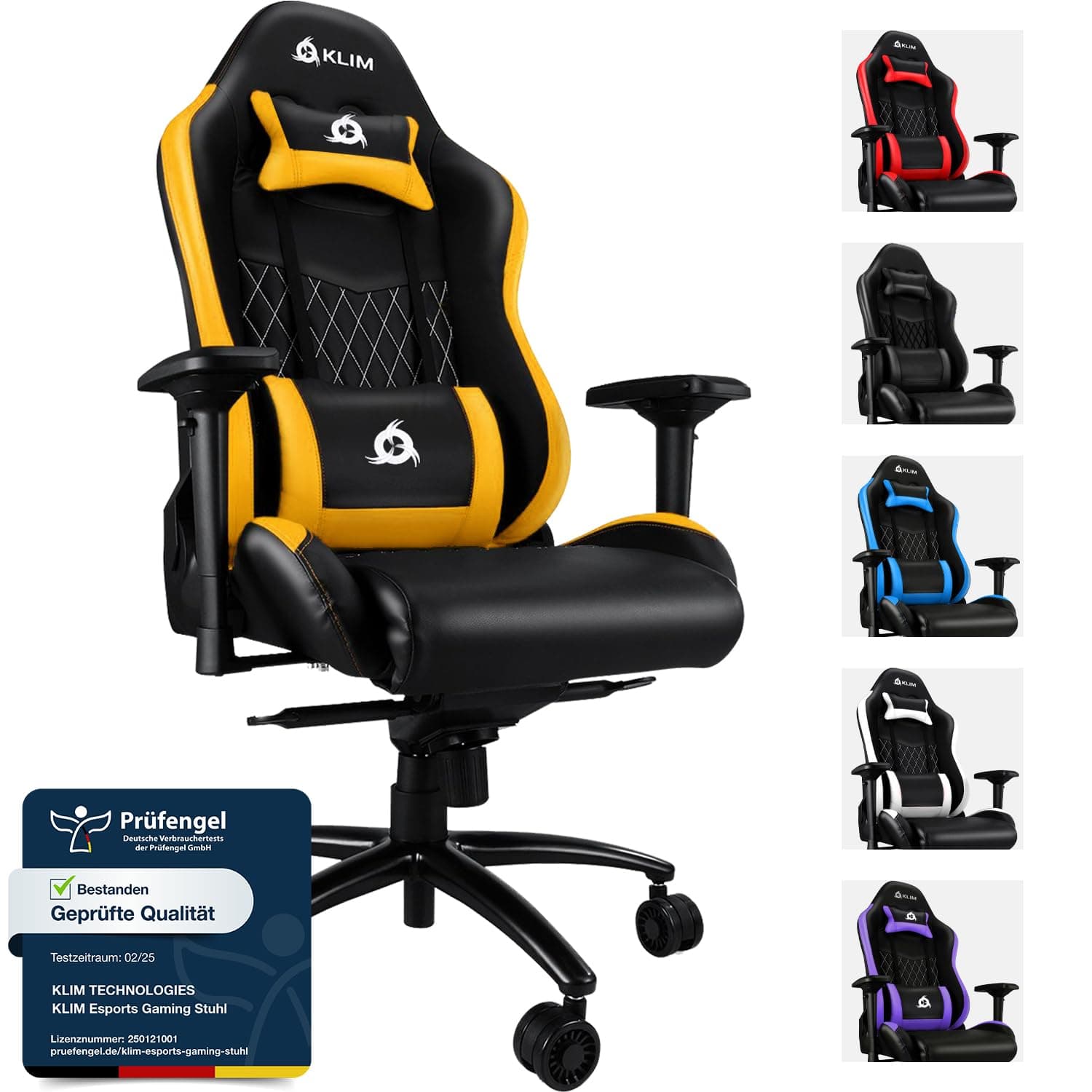 KLIM Esports Gaming Stuhl – PC Sessel mit 4D-Armlehnen, 170 kg Belastbarkeit, Verstellbare Rückenlehne, Ergonomisch mit Kopf- & Lendenkissen, Leise Rollen – Gelb