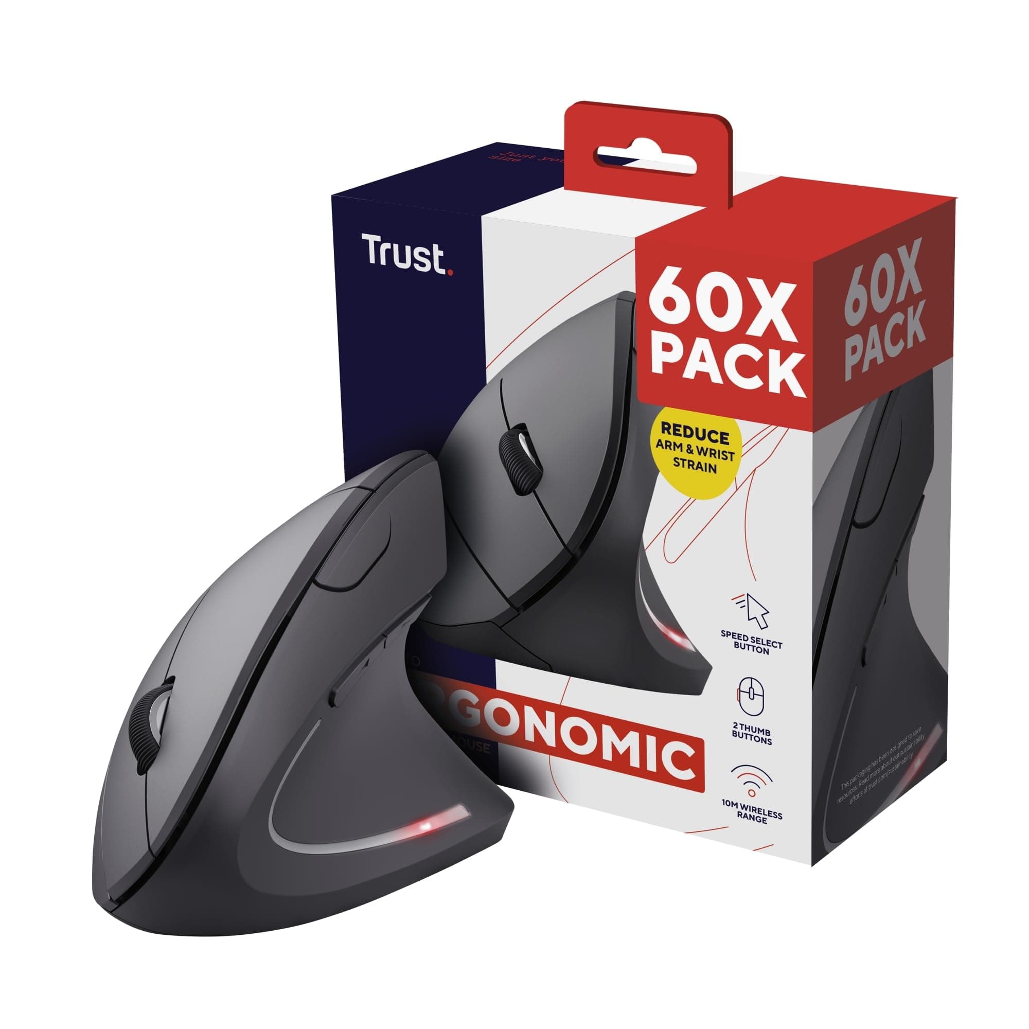 Trust Verto 60 Pack - 60x Kabellose Vertikale Maus, Wireless Ergonomische Maus, Vorbeugung Gegen Mausarm/Tennisarm (RSI Syndrom), Funkmaus für Rechtshänder, PC, Laptop, Mac, mit Batterien