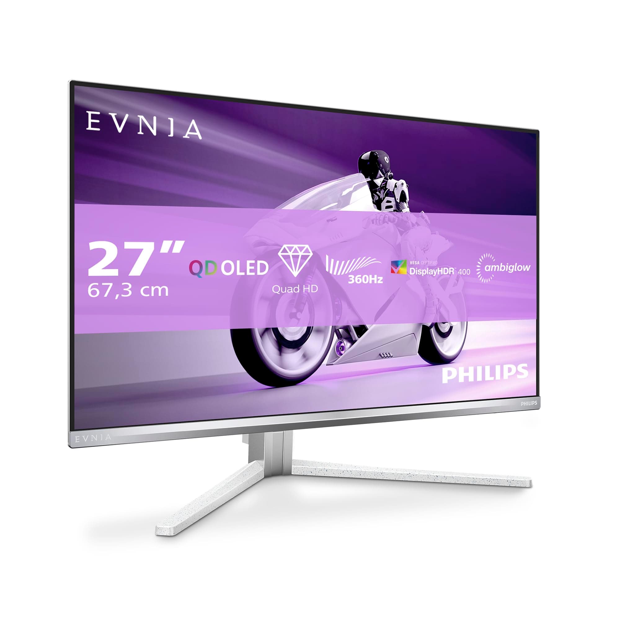 Philips Evnia 27M2N8500AM - 27 Zoll Quad HD OLED Gaming Monitor, 360 Hz, 0.03 ms, HDR400, FreeSync Premium, G-Sync comp., Ambiglow (2560x1440, 2X HDMI 2.1, 1x DP 1.4, USB Hub) Weiss