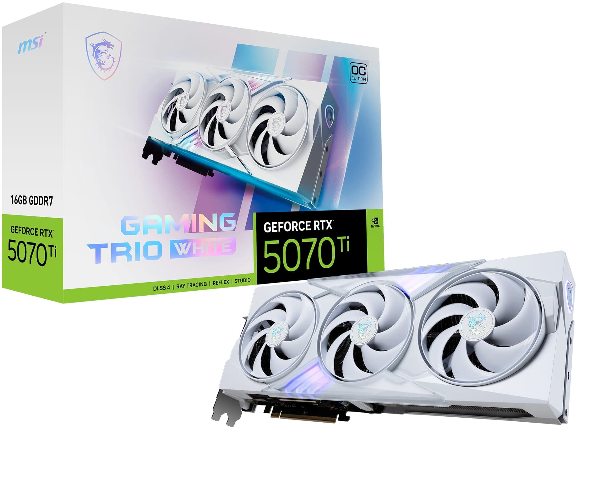 GeForce RTX 5070 Ti 16G Gaming Trio OC White — 16GB GDDR7 (28Gbps/256-bit), PCIe 5, Boost: 2572 MHz, HDMI 2.1b, DisplayPort 2.1b