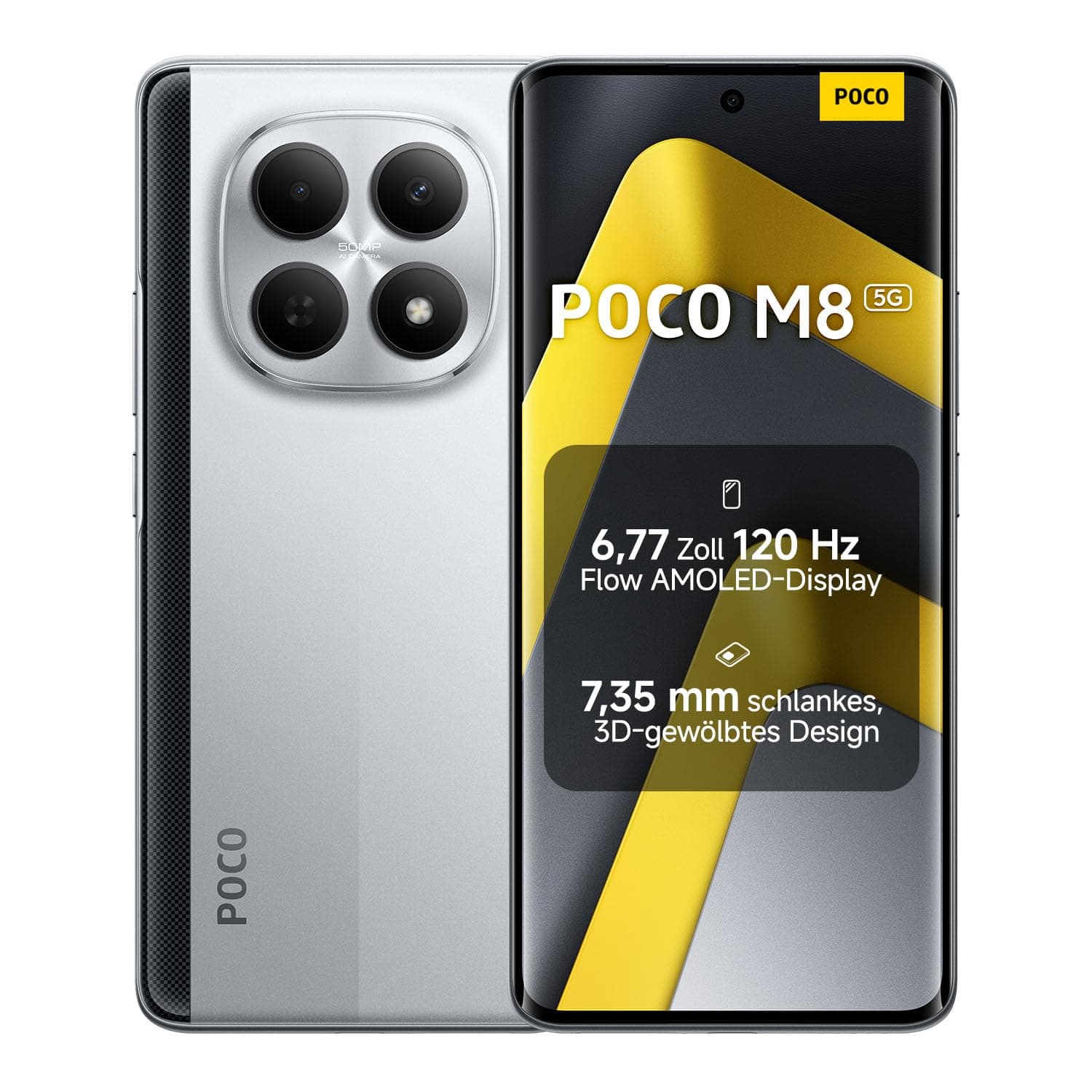 XIAOMI Poco M8 5G Smartphone, 8 GB RAM + 256 GB Speicher, 6,77" 120 Hz Flow AMOLED Display, Snapdragon® 6 Gen 3, 50 MP KI-Dual-Kamera, 7,35 mm schlankes 3D-Curved Design, Silber, 2 Jahre Garantie