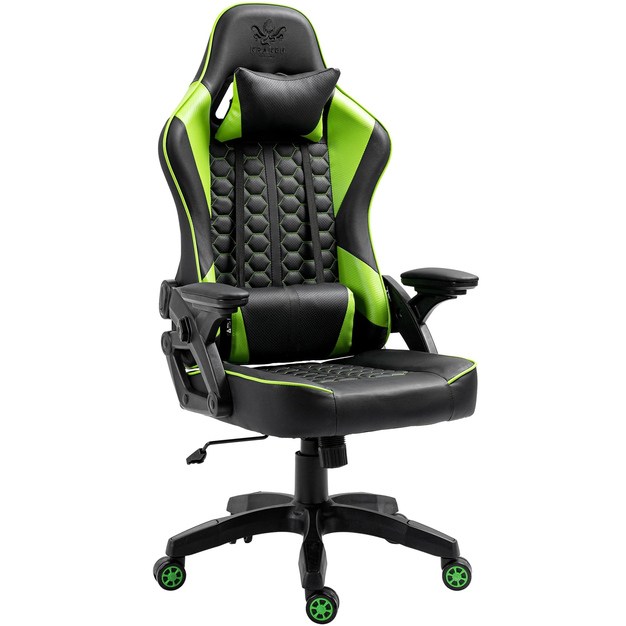 KRAKEN CHAIRS Gaming Stuhl Kunstleder - Schwarz-Grün - Bürostuhl - Ergonomisch Computer Stuhl Gamer - 130 kg Belastbarkeit - Gamerstuhl - Gamingsessel - Gaming Chair Ergonomic - Gamingstuhl - PC-Stuhl
