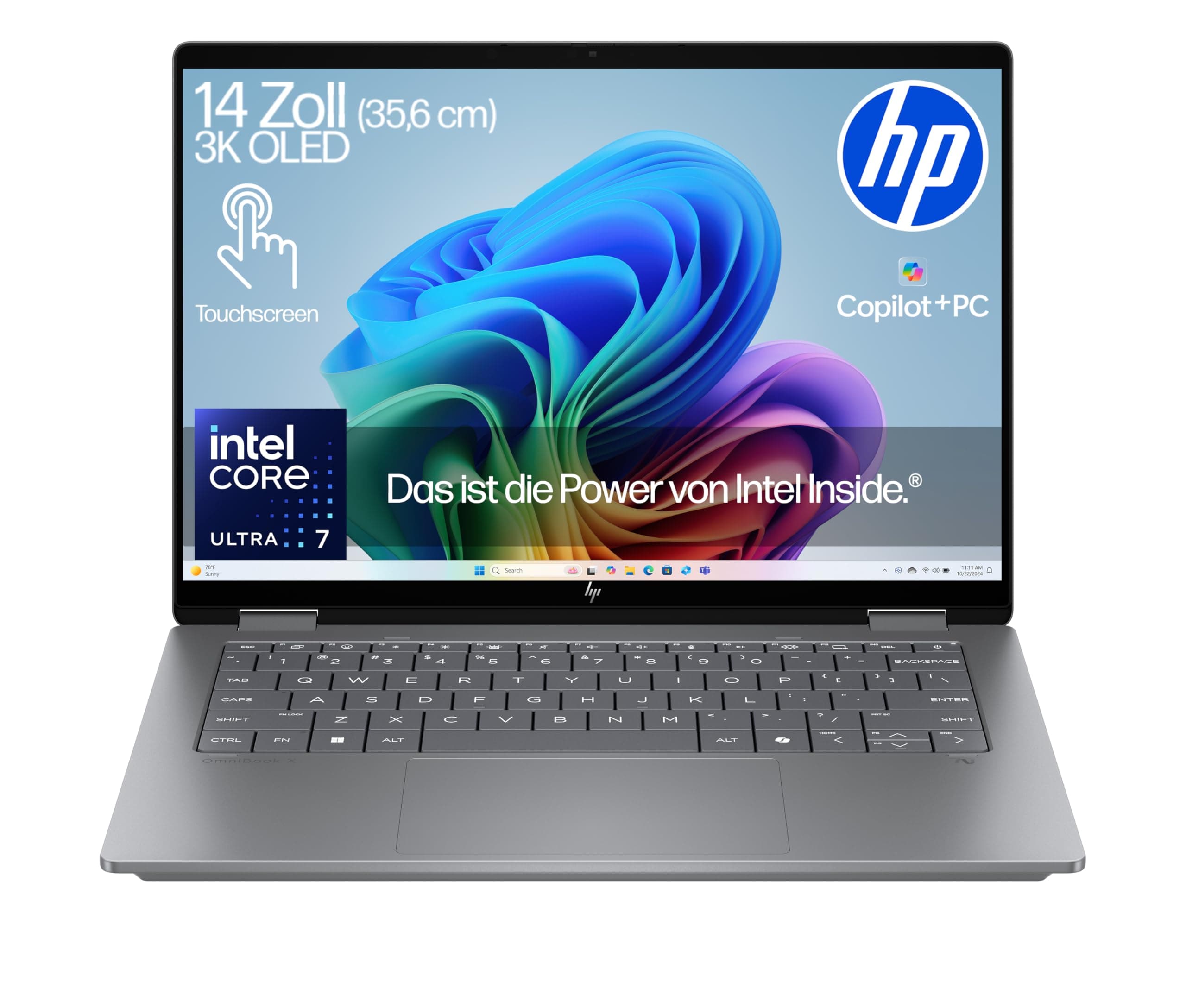 HP OmniBook X Flip Intel Core Ultra 7 256V 2in1 Next Gen AI Laptop | dedizierte NPU für KI | 47 NPU Tops | Copilot+ PC | 14" 3K 2880x1800 OLED Touchscreen | 32 GB | 1TB SSD | Win11 | QWERTZ | Silber