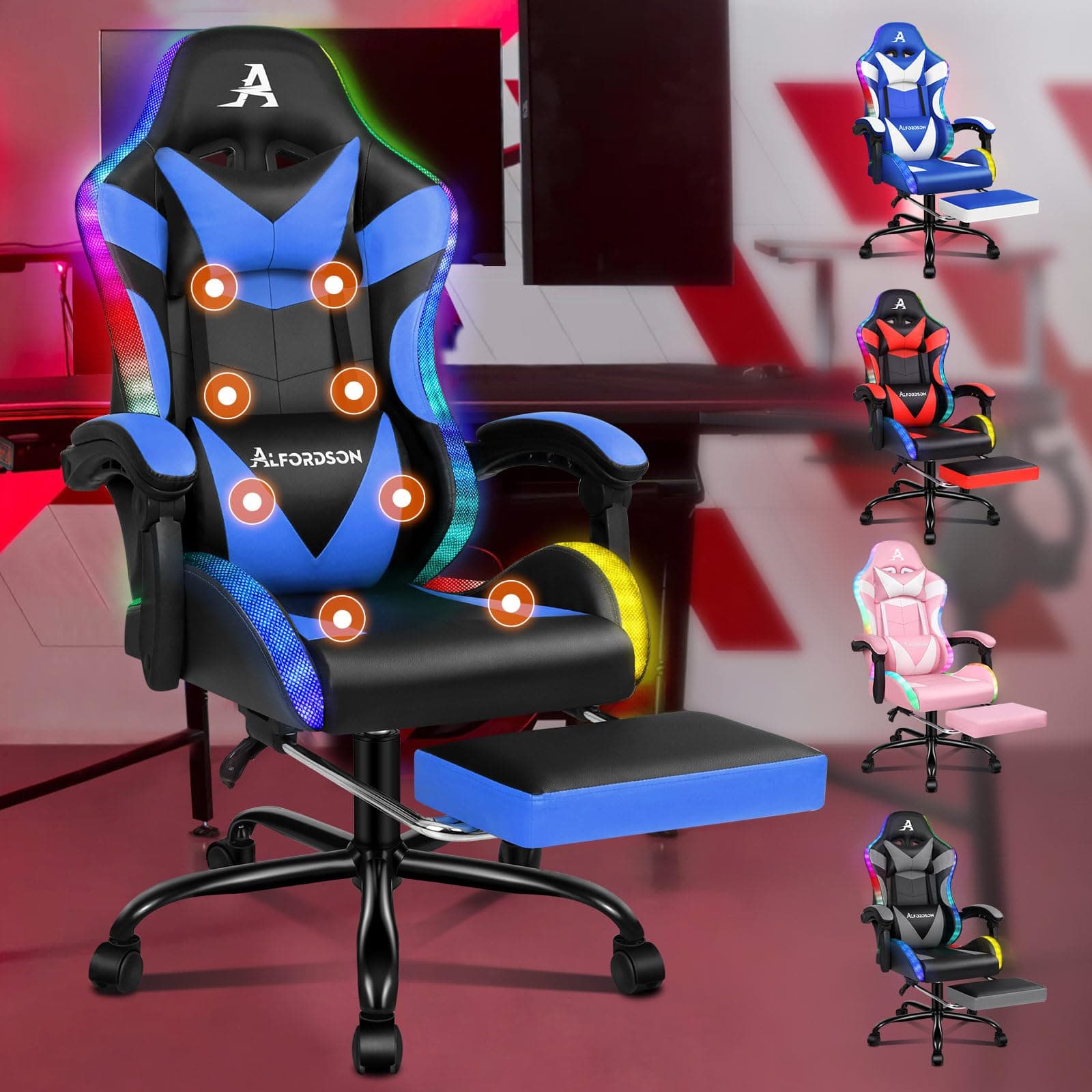 ALFORDSON Gaming-Massagestuhl, Massage-Rennstuhl mit LED, ergonomischer Schreibtischstuhl mit 150° Neigung, einziehbarer Fußstütze, PU-Leder, höhenverstellbar, 180 kg Tragkraft, Blau